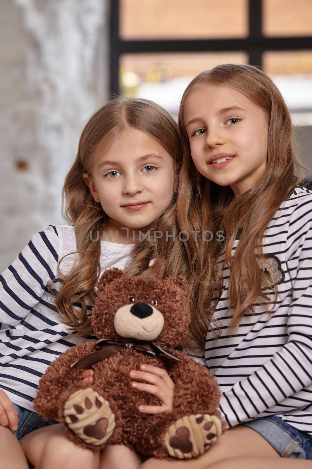 Close up cute little sisters in striped t-shirts are sitting on the sofa in the bright spacious room. They are holding little brown toy bear between them