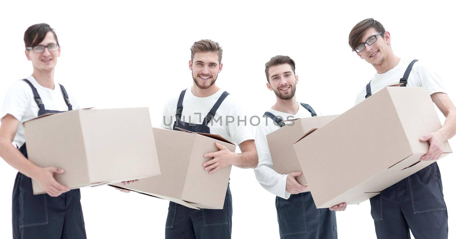 Young movers holding boxes. Delivering and transportation concept.
