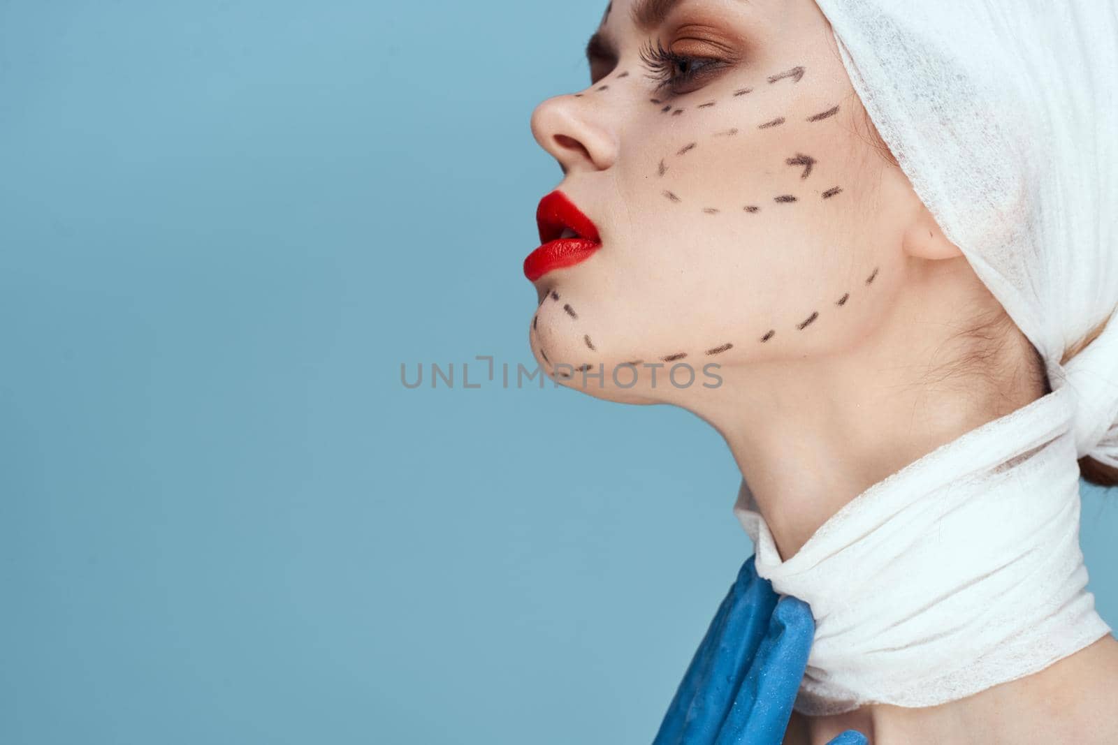 beautiful woman Red lips plastic surgery operation bare shoulders studio lifestyle. High quality photo