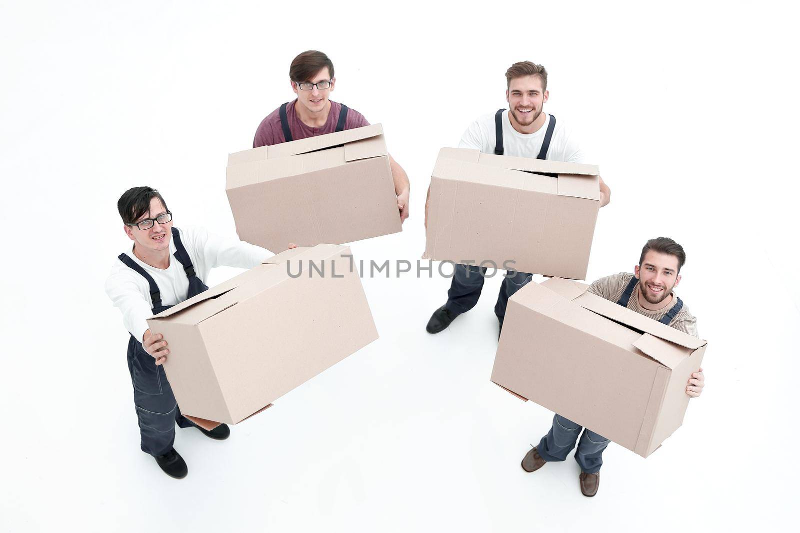 Delivery men with cardboard boxes on white background.