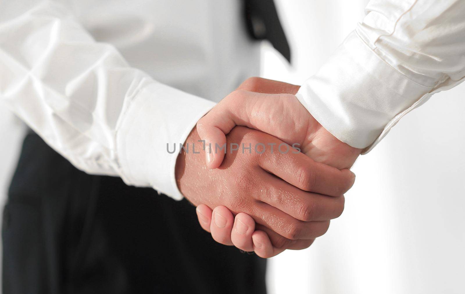 Closeup of a business handshake, on bright background