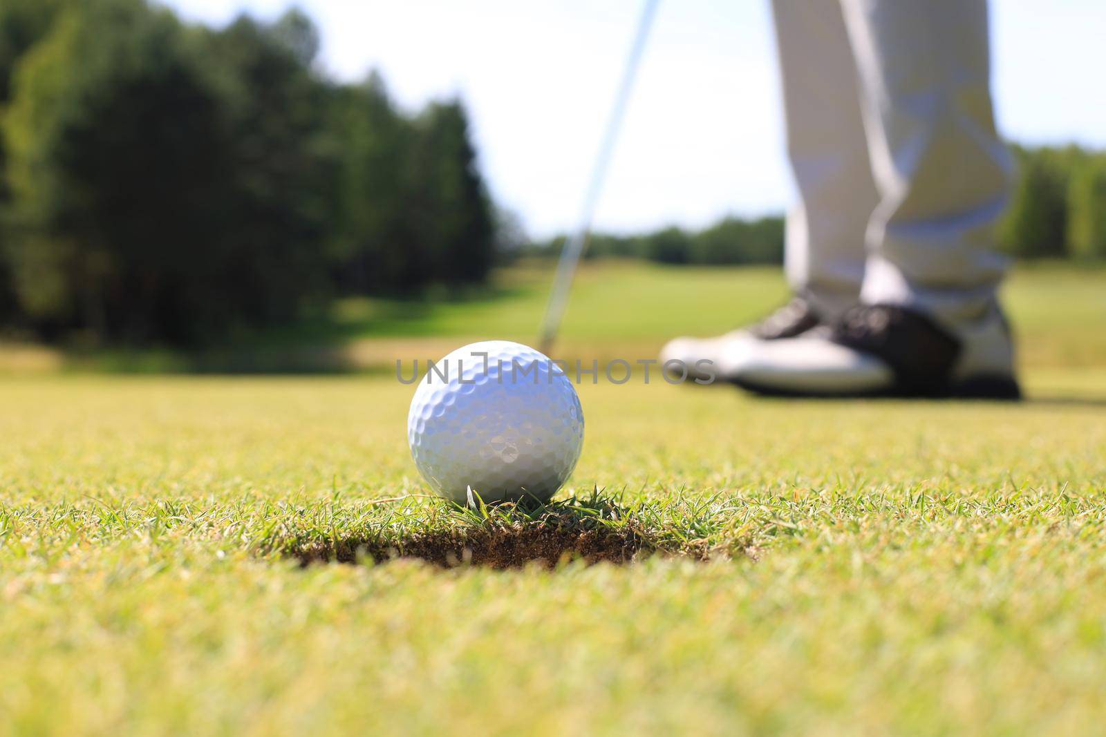 Golf player at the putting green hitting ball into a hole. by tsyhun