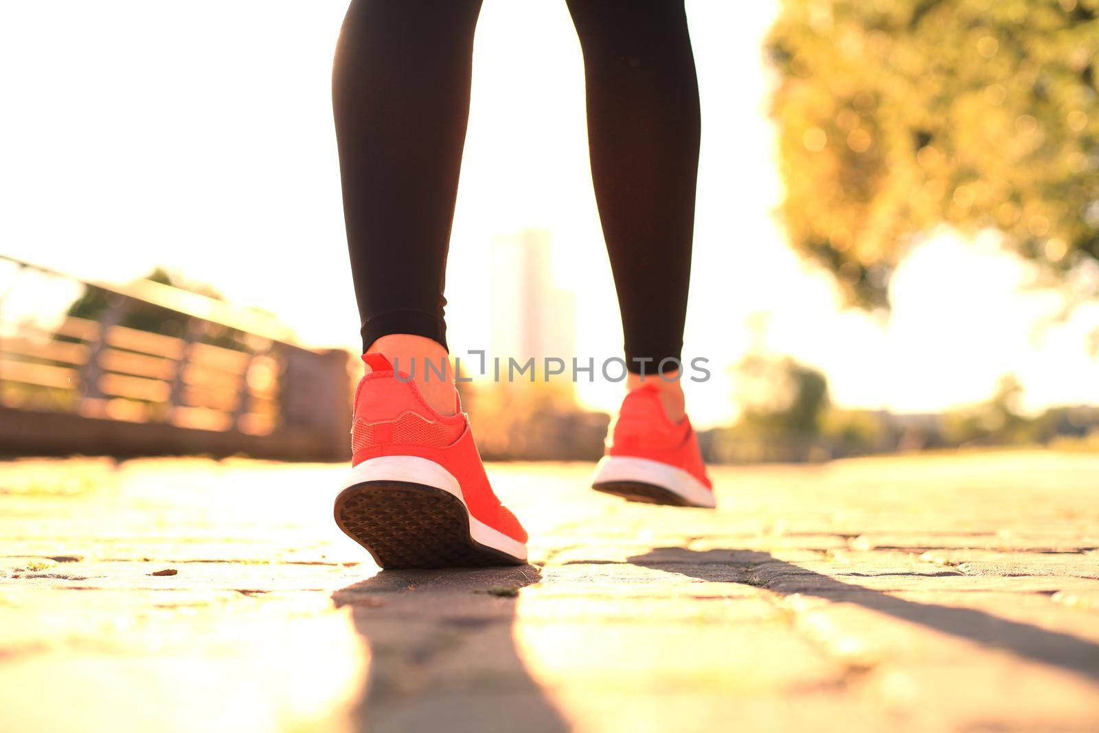 Close up of young woman in sports shoes jogging while exercising outdoors