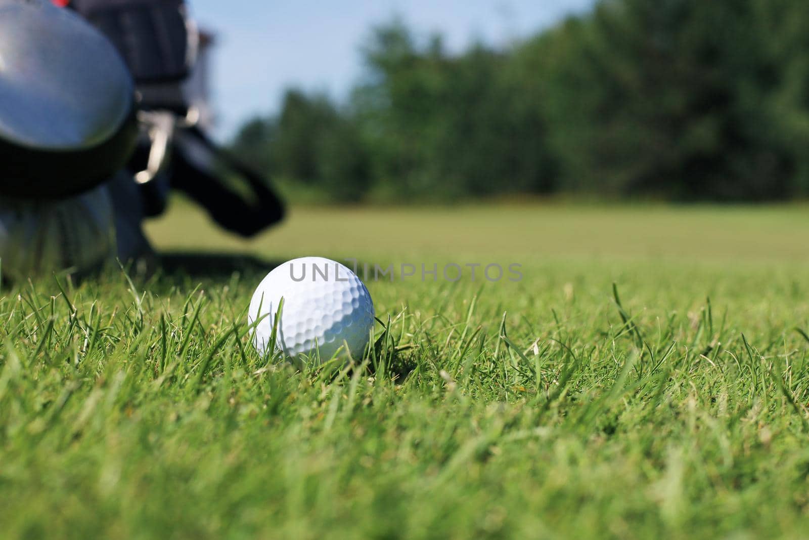 Golf ball and pin are ready to play, placed in a green lawn with a natural background