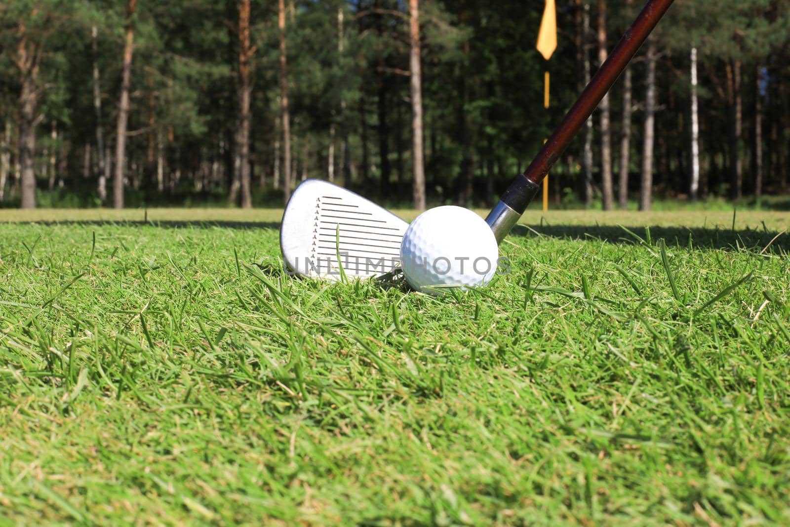 Golf ball and pin are ready to play, placed in a green lawn with a natural background