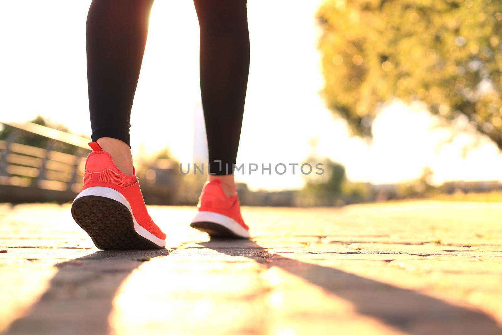 Runner feet running on road closeup on shoe, outdoor at sunset or sunrise