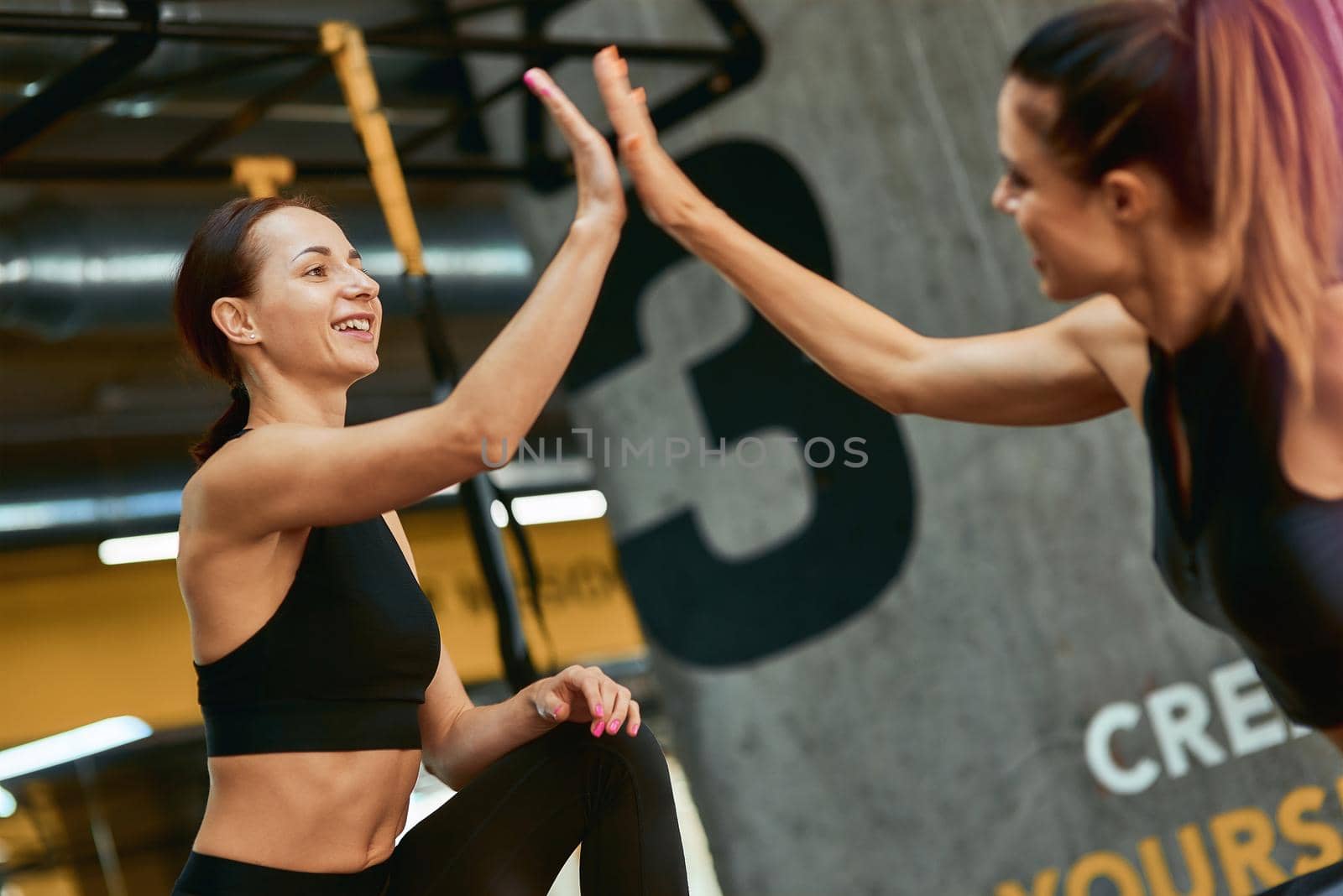 Two young happy athletic women in sportswear giving high five each other while exercising together at gym by friendsstock