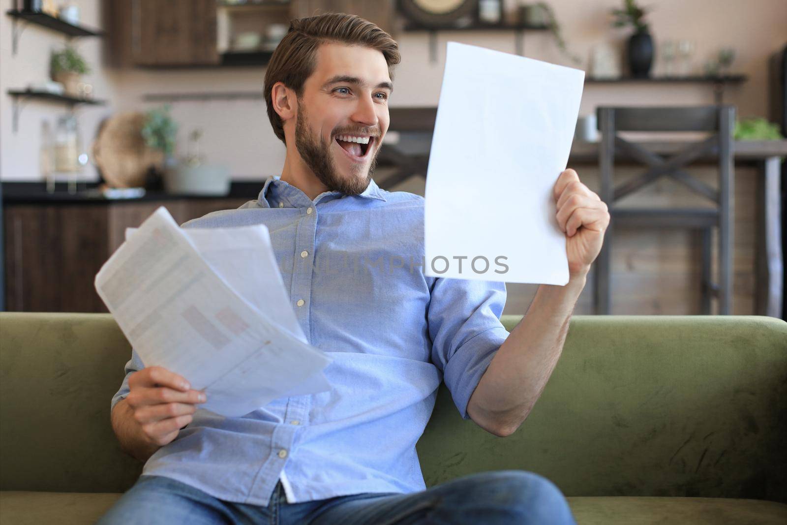 Concentrated young freelancer businessman sitting on sofa with laptop and examining documents