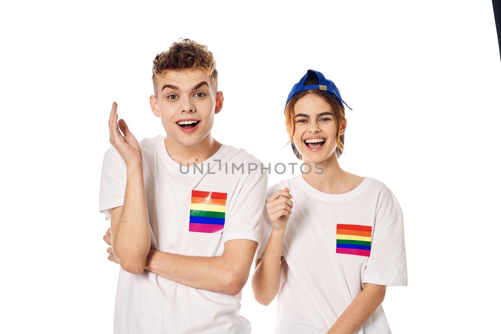 young couple lgbt Flag transgender lifestyle light background. High quality photo