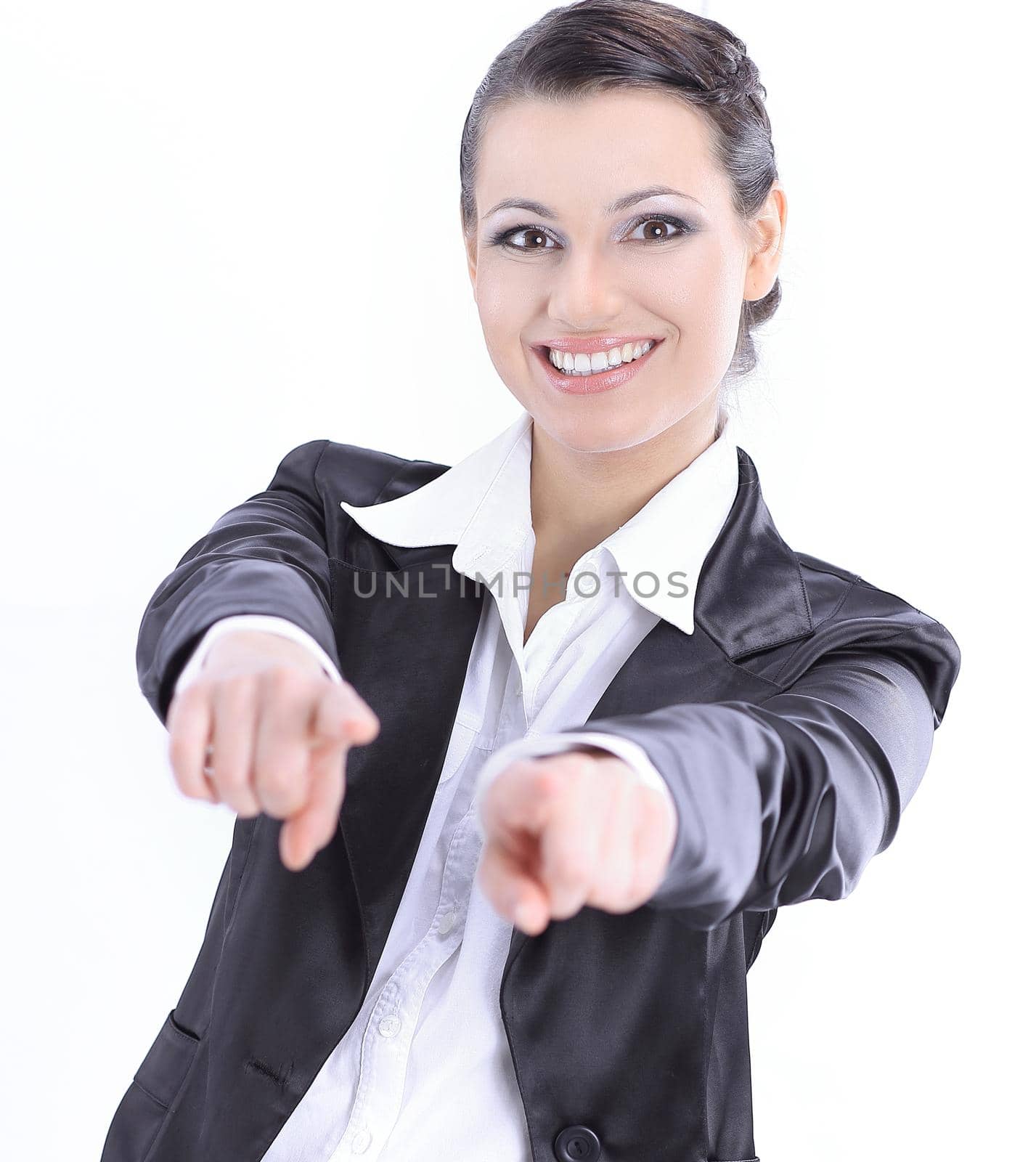 confident business woman showing hands forward.isolated on a white background