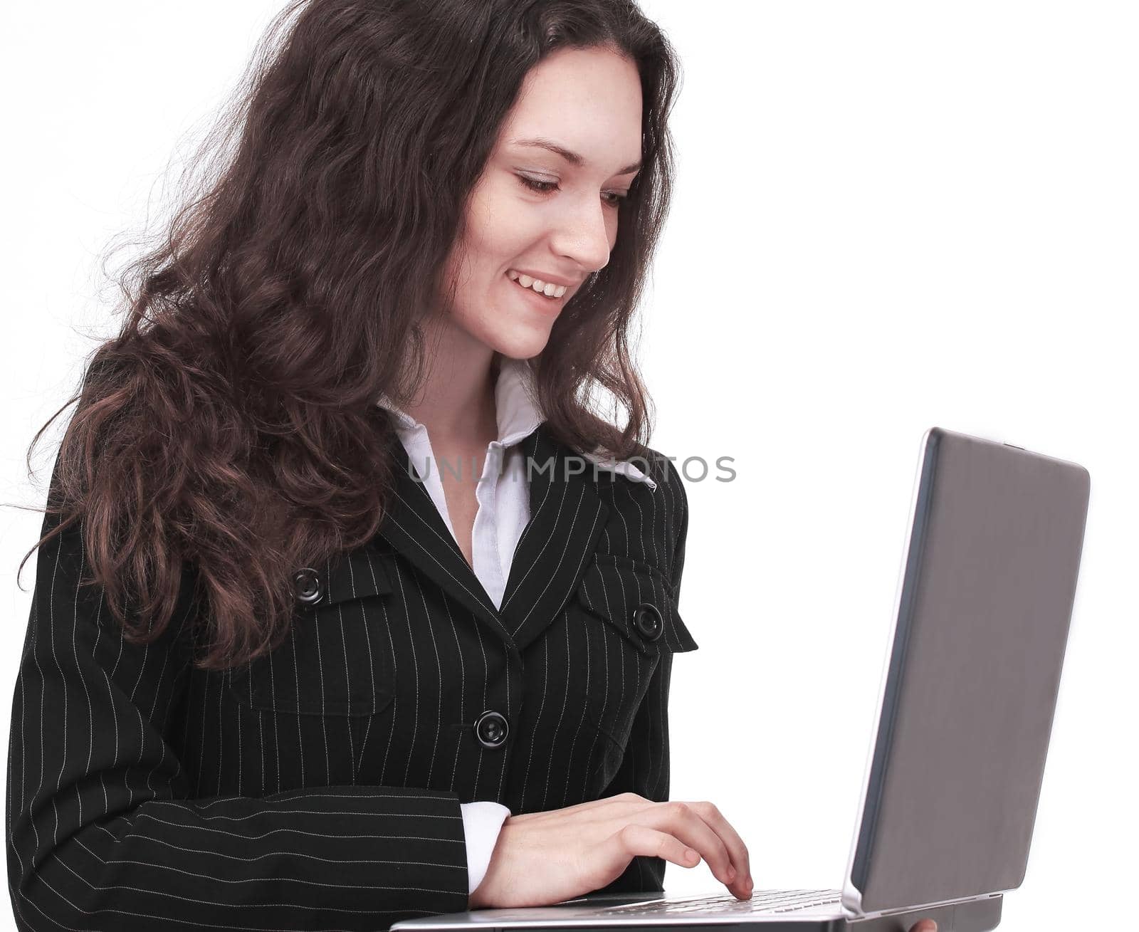 successful business woman with an open laptop.isolated on white background