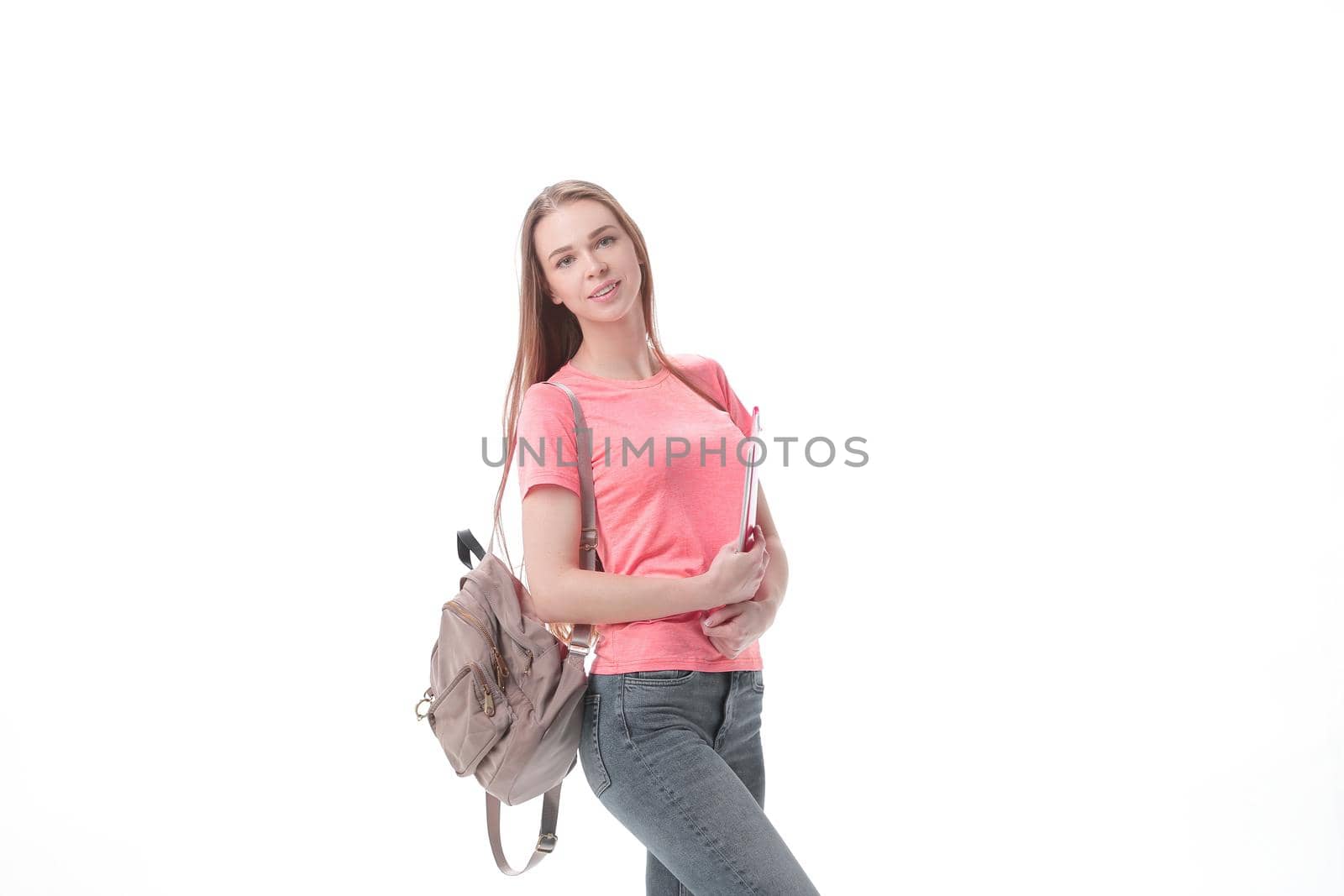 happy female student with books and backpack .isolated on white.
