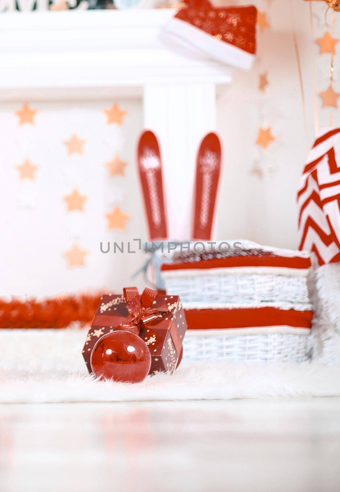 close up.gift box and basket with gifts on Christmas background.photo with copy space