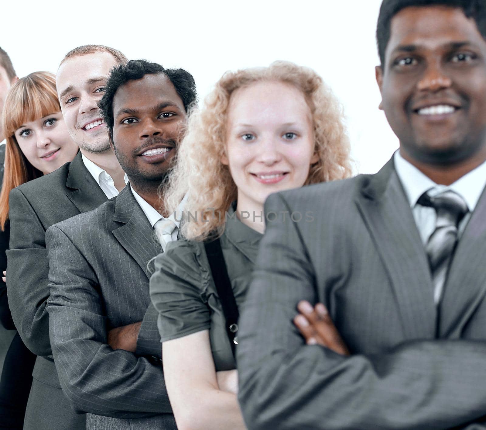 Portrait of a woman and man office workers smiling isolated on white background