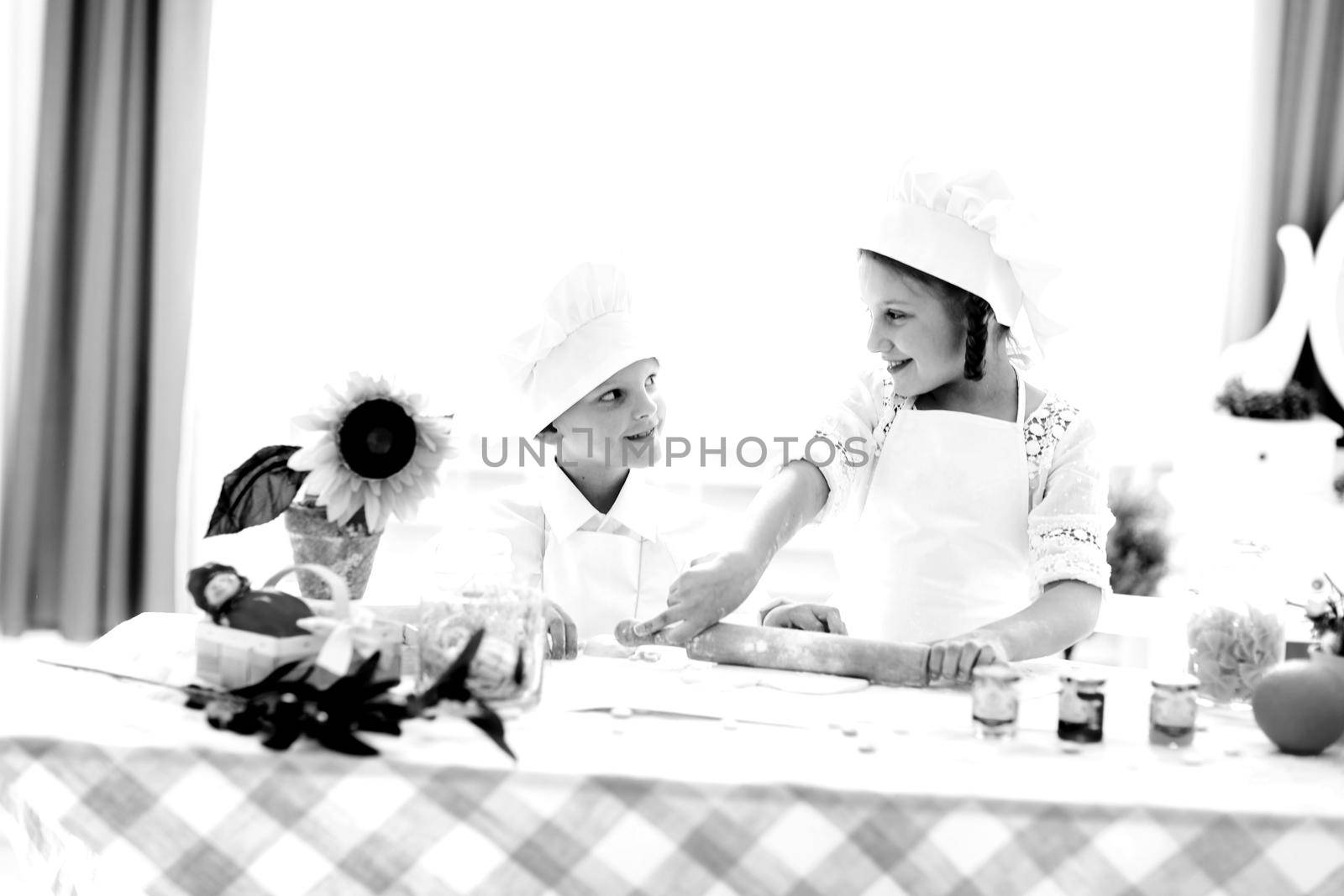 little brother and sister prepare lunch in the home kitchen by SmartPhotoLab