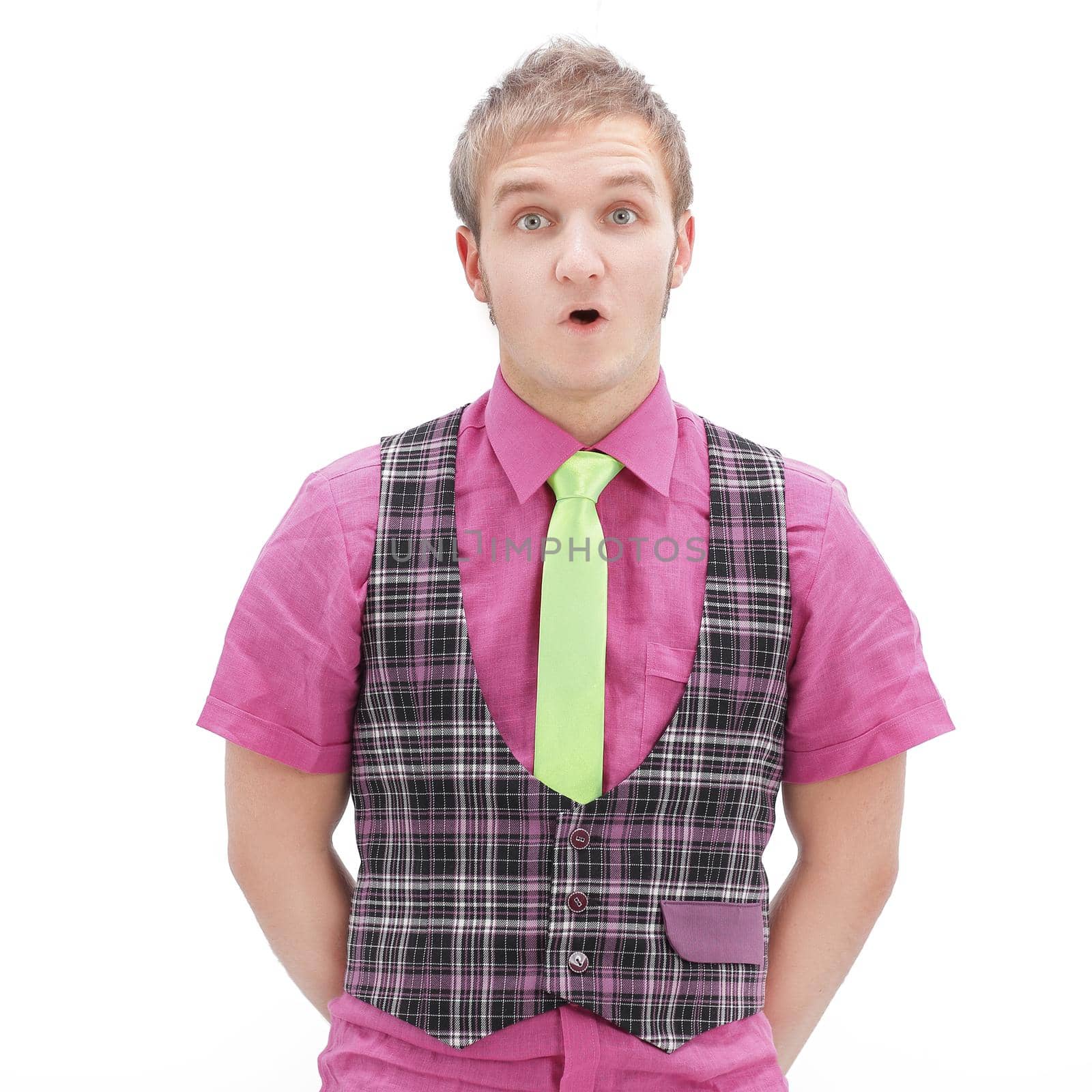 surprised young man in a plaid jacket and bright shirt.isolated on a white background.