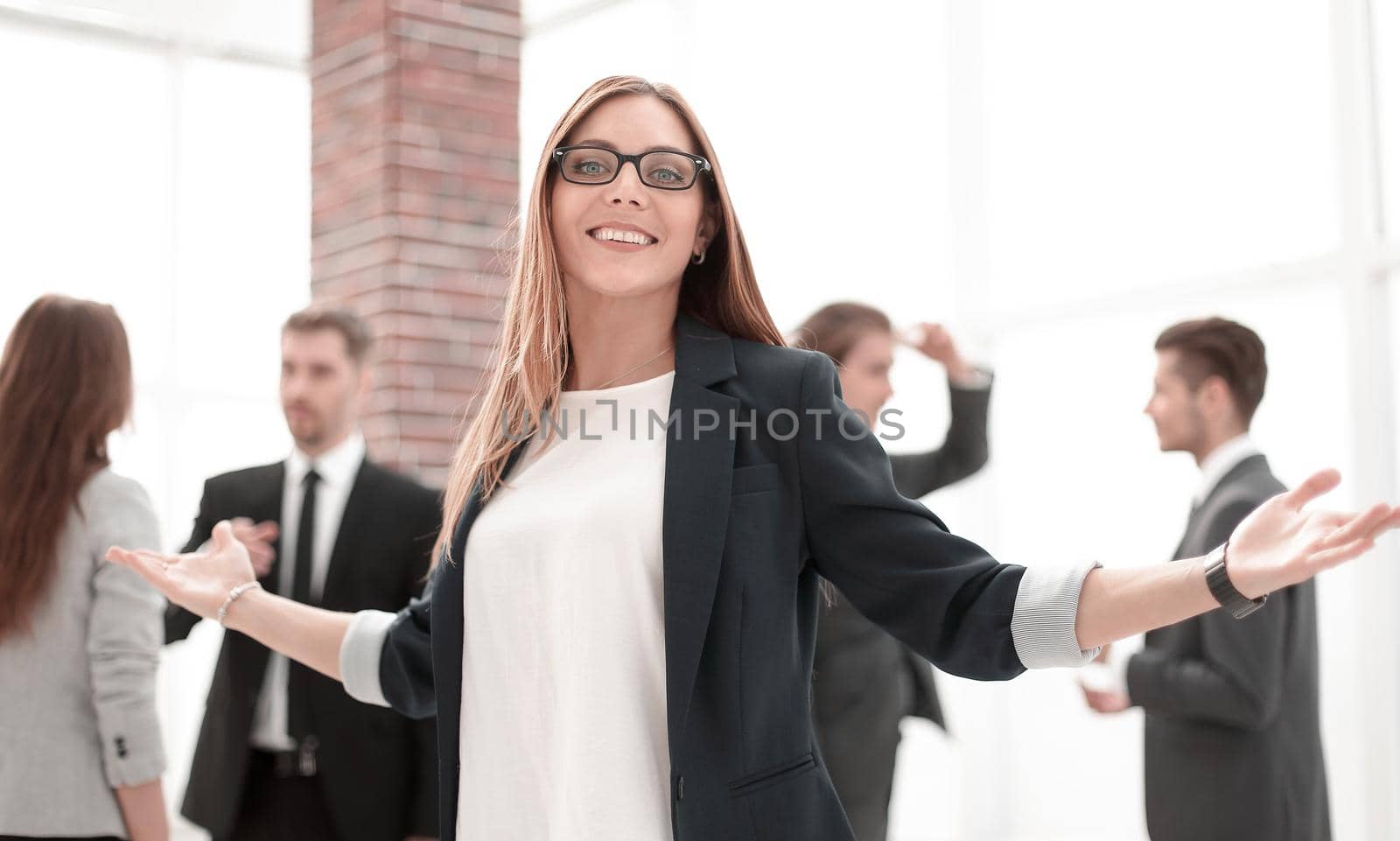 greeting gesture business woman smiling by asdf