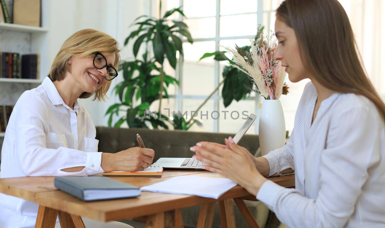 Professional middle aged female psychologist conducting a consultation