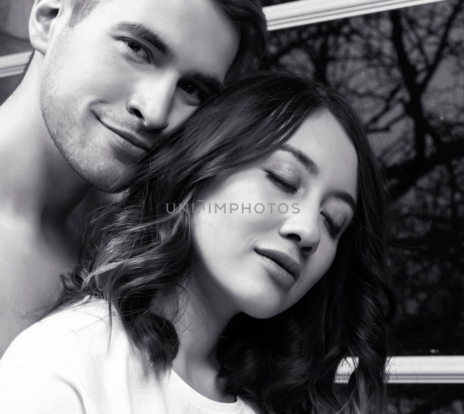 young pretty couple together in bed sleeping chill, lifestyle people concept, black and white by JordanJ