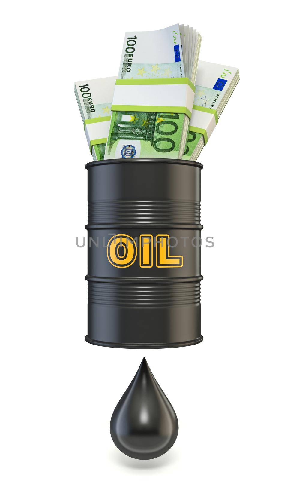 Oil barrel full of Euros banknotes produce one oil drop 3D by djmilic