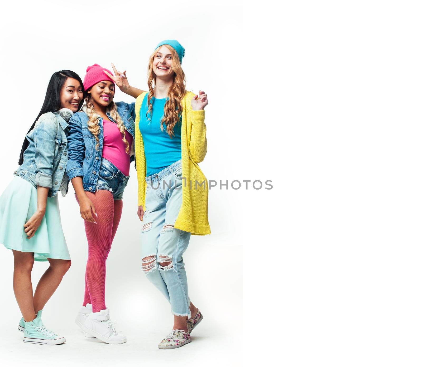 diverse nation girls group, teenage friends company cheerful having fun, happy smiling, cute posing isolated on white background, lifestyle people concept close up