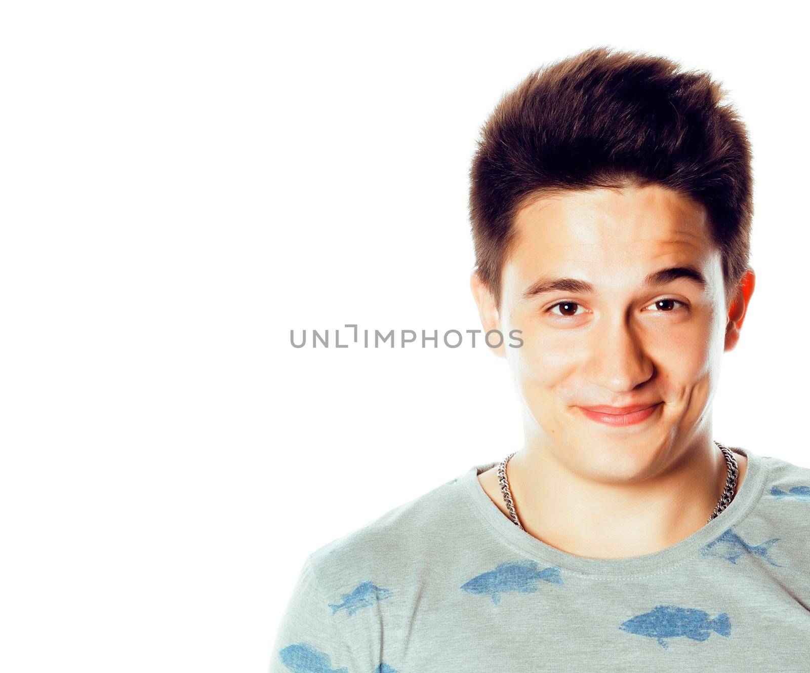 young attractive man isolated thinking emotional on white closeup gesturing smiling, lifestyle people concept