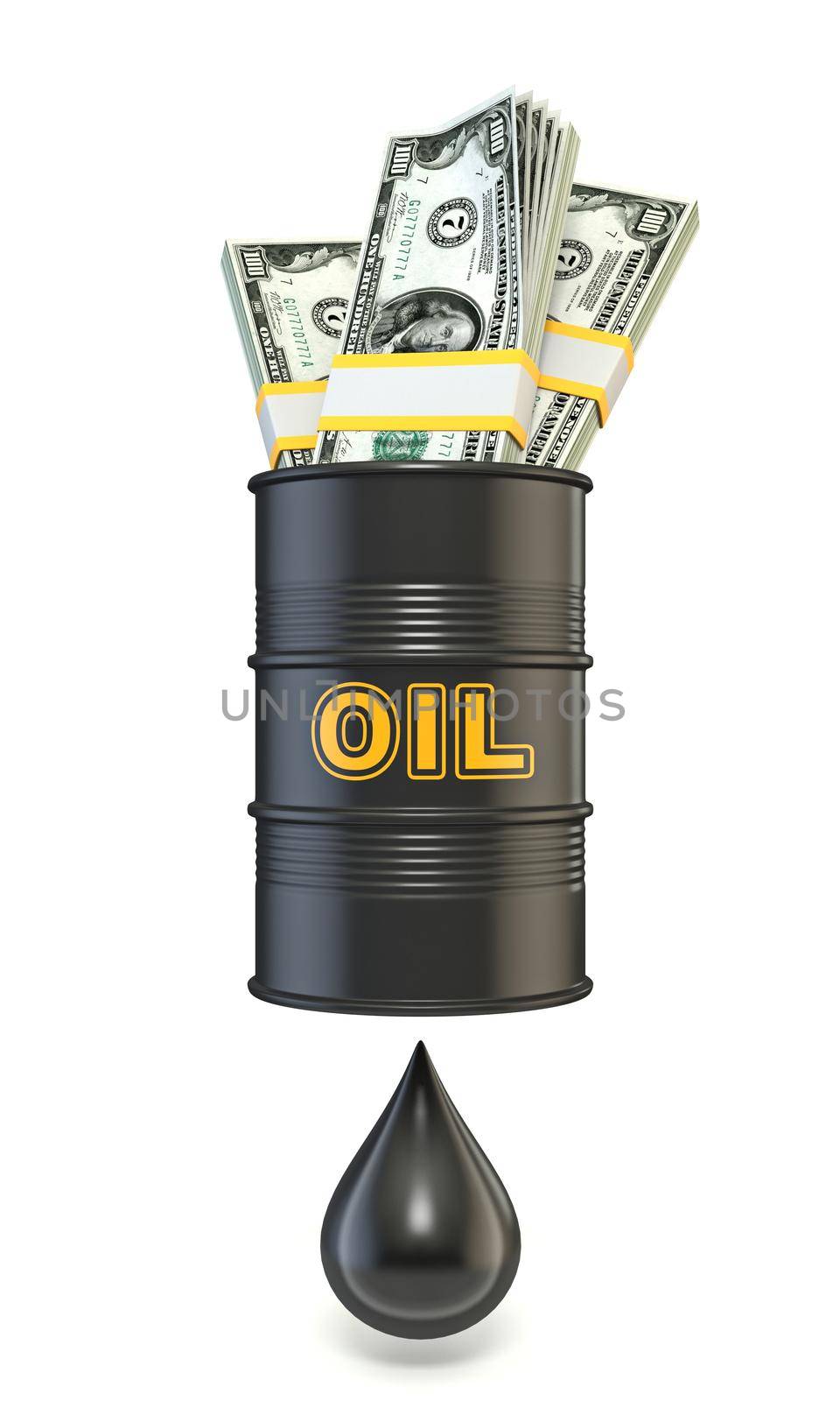 Oil barrel full of Dollars banknotes produce one oil drop 3D rendering illustration isolated on white background