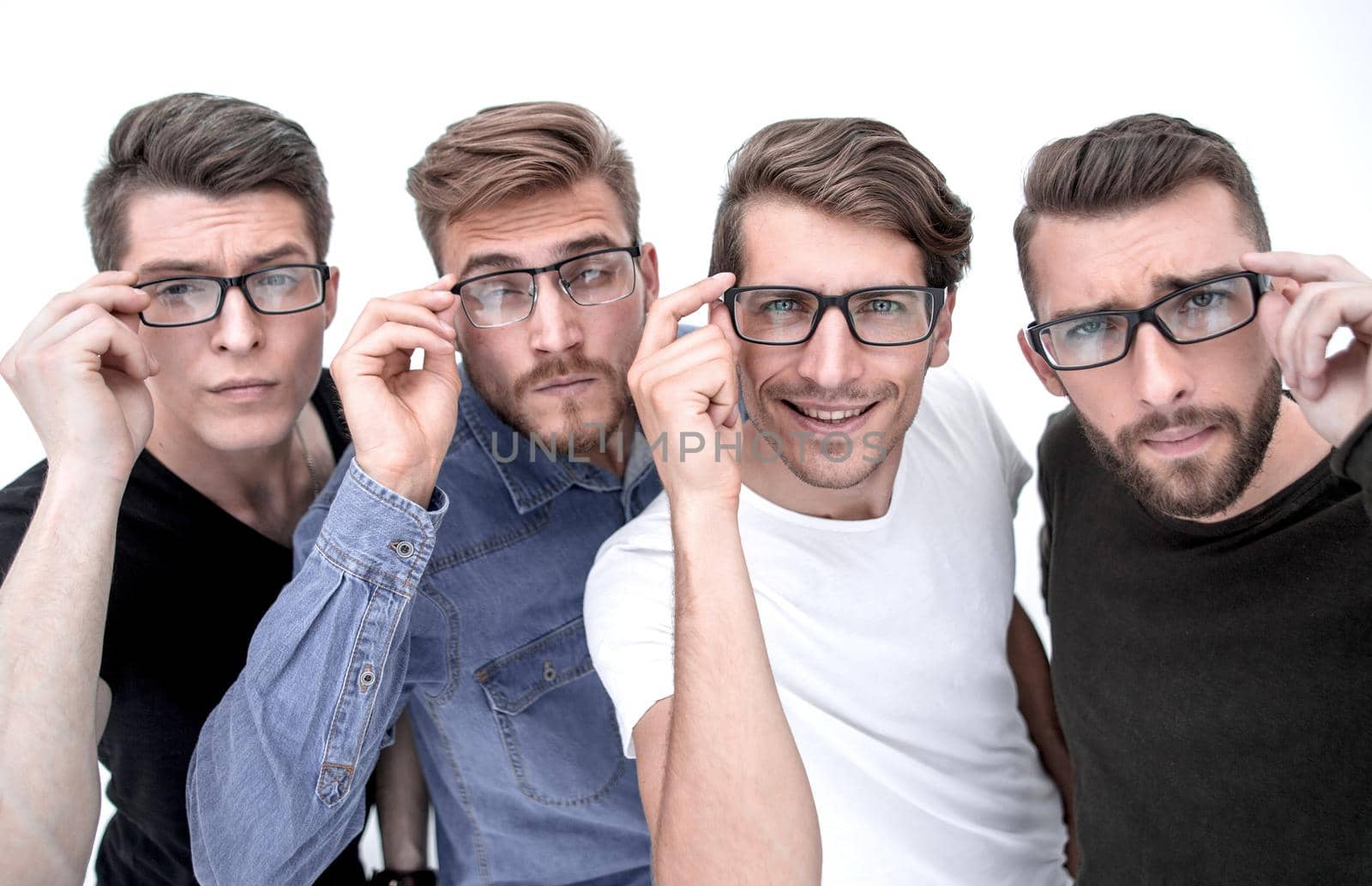 group of serious men in glasses, isolated white background
