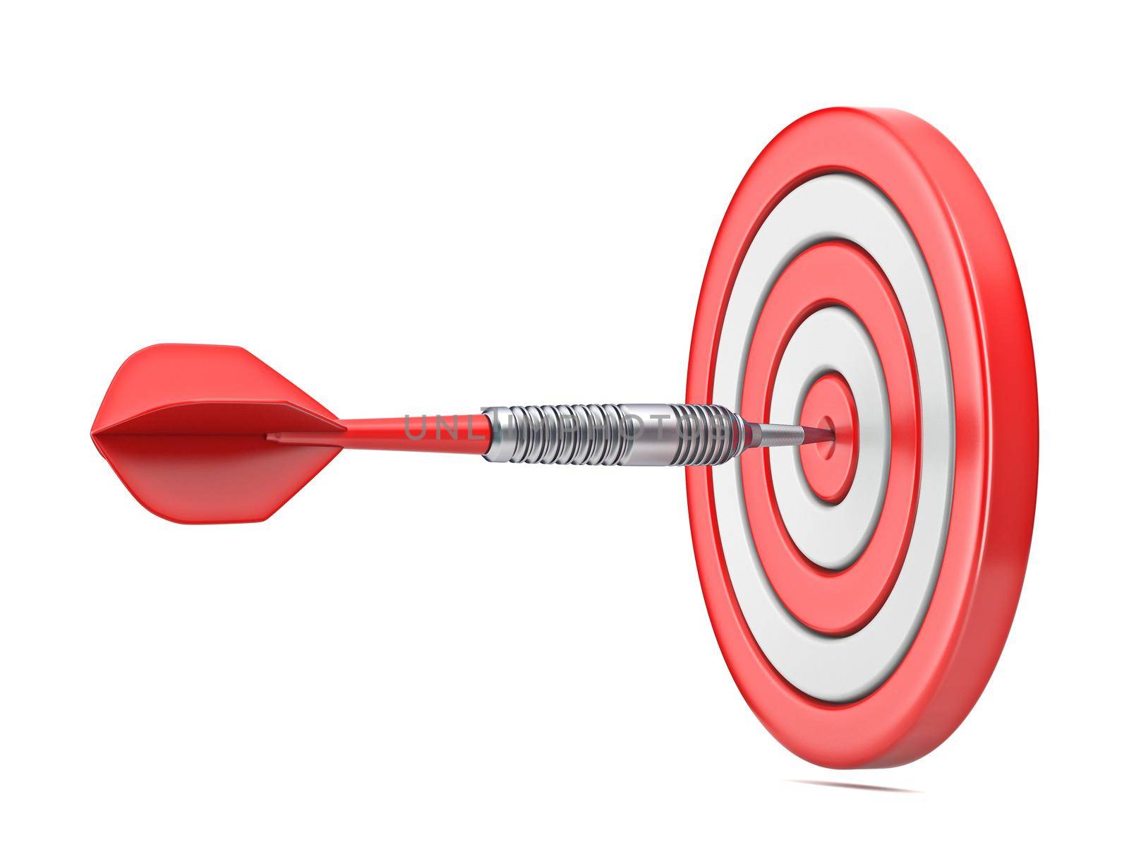 Dart hitting red target 3D rendering illustration isolated on white background
