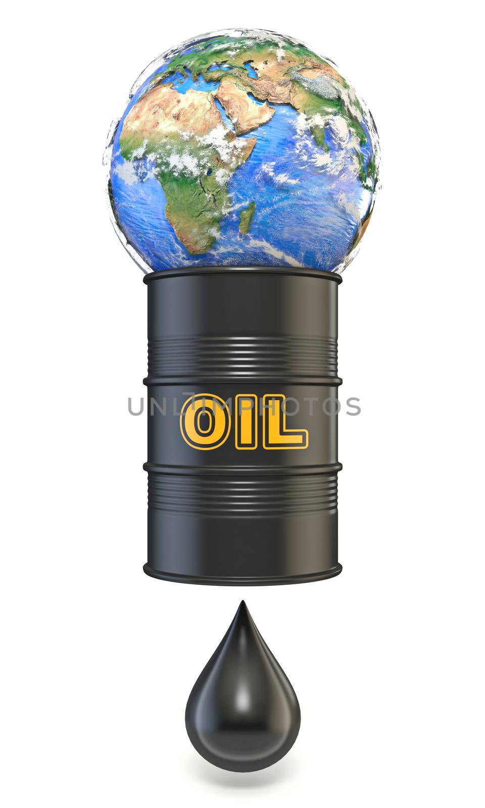 Oil barrel squeezing planet Earth to produce one oil drop Elements of this image furnished by NASA 3D rendering illustration isolated on white background