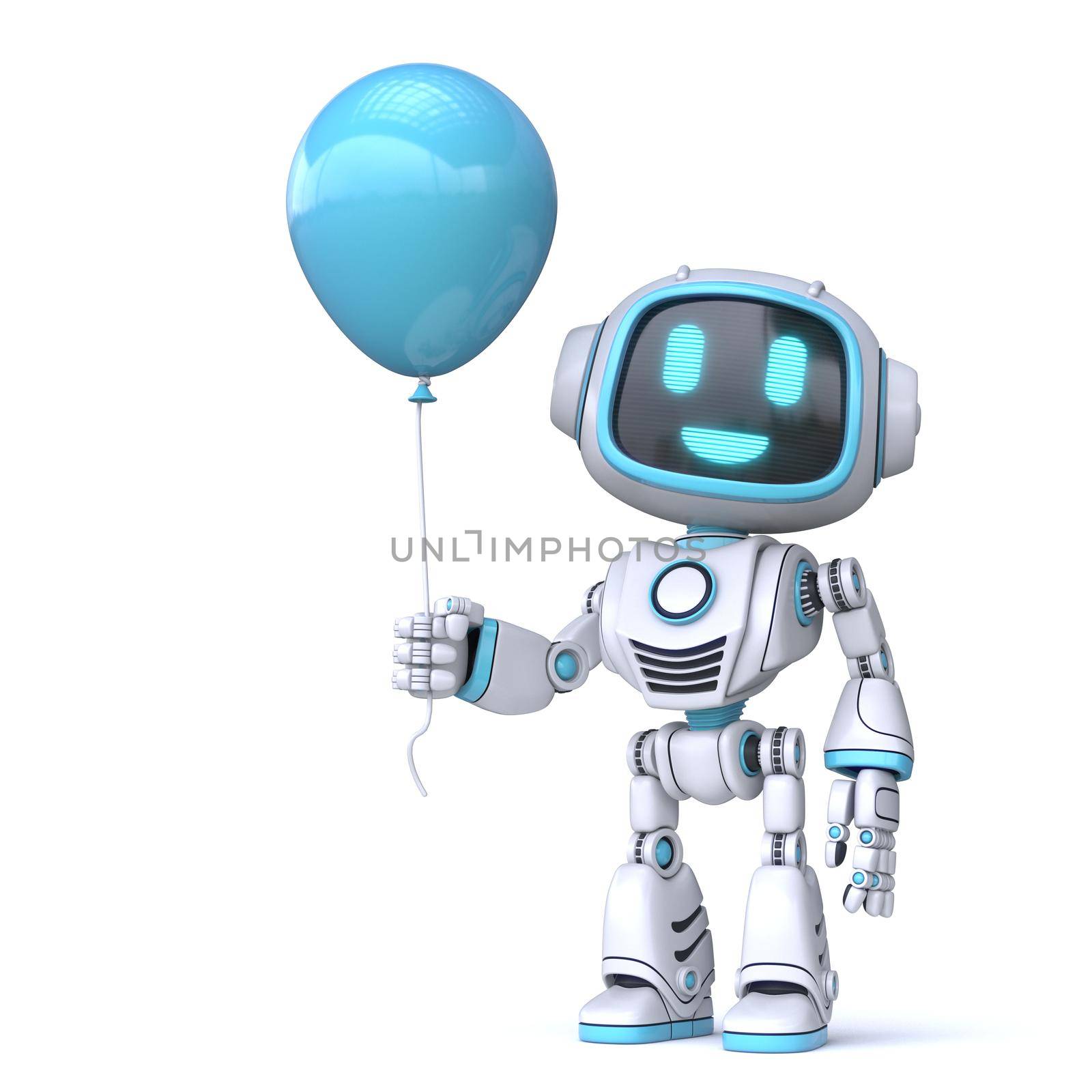 Cute blue robot hold blue balloon 3D rendering illustration isolated on white background