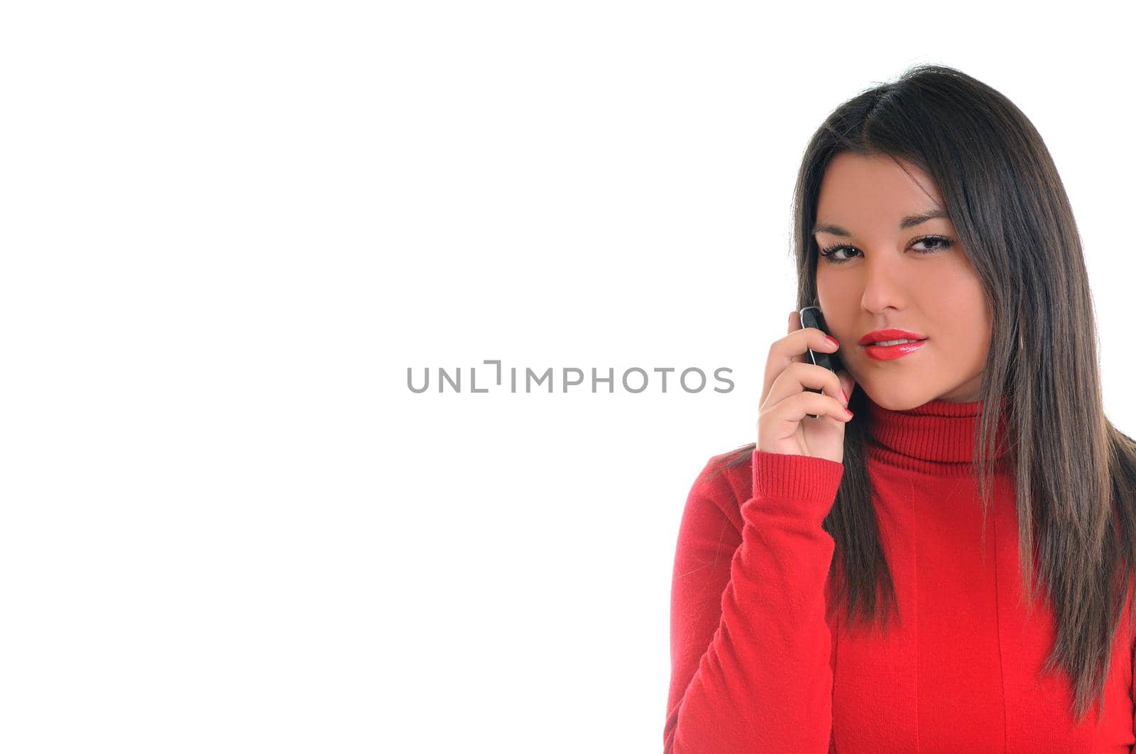 young beautiful woman in red talk on cellphone isolated