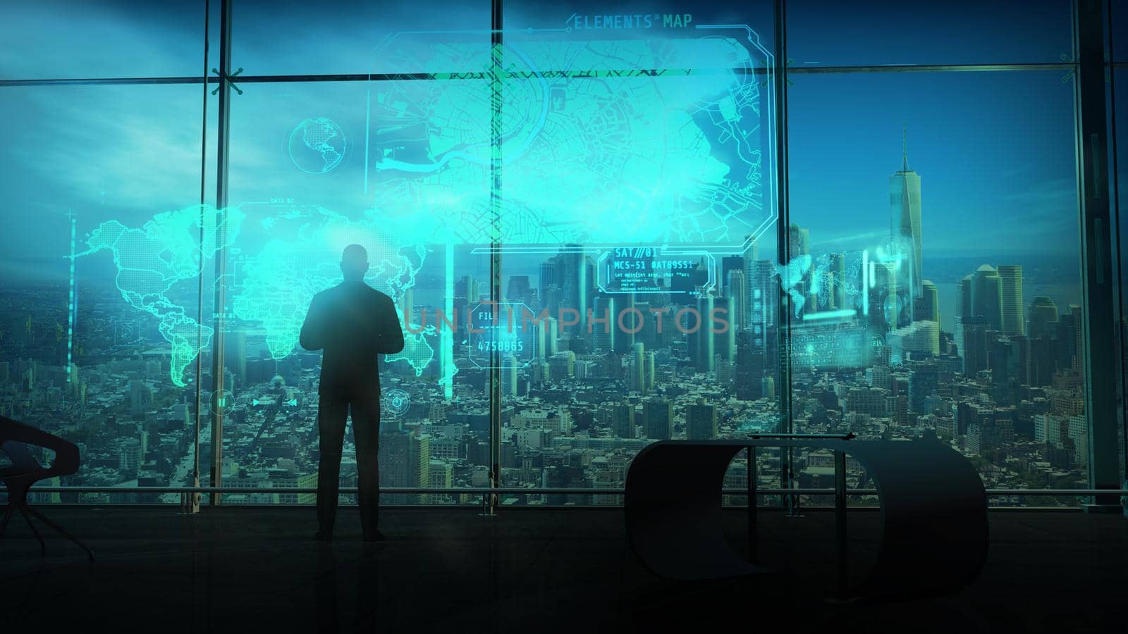 A silhouette of a man working with the virtual interface to search and geolocate. 3D render.