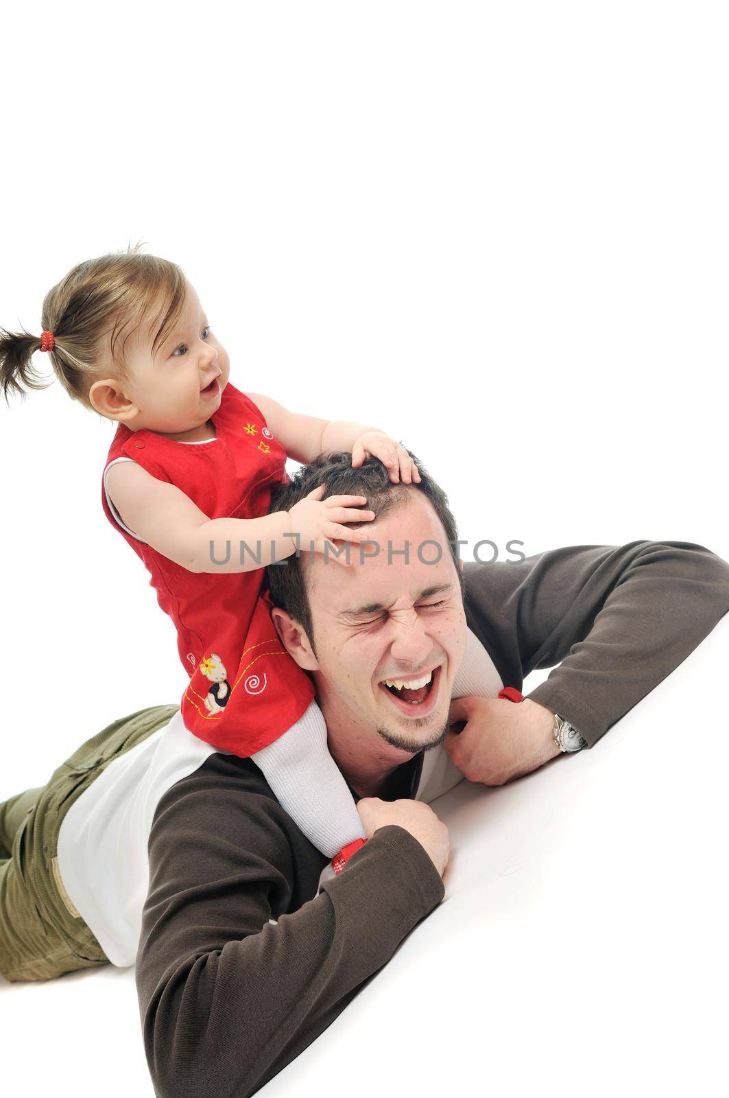 young father man play with beautiful daughter child or baby   isolated on white
