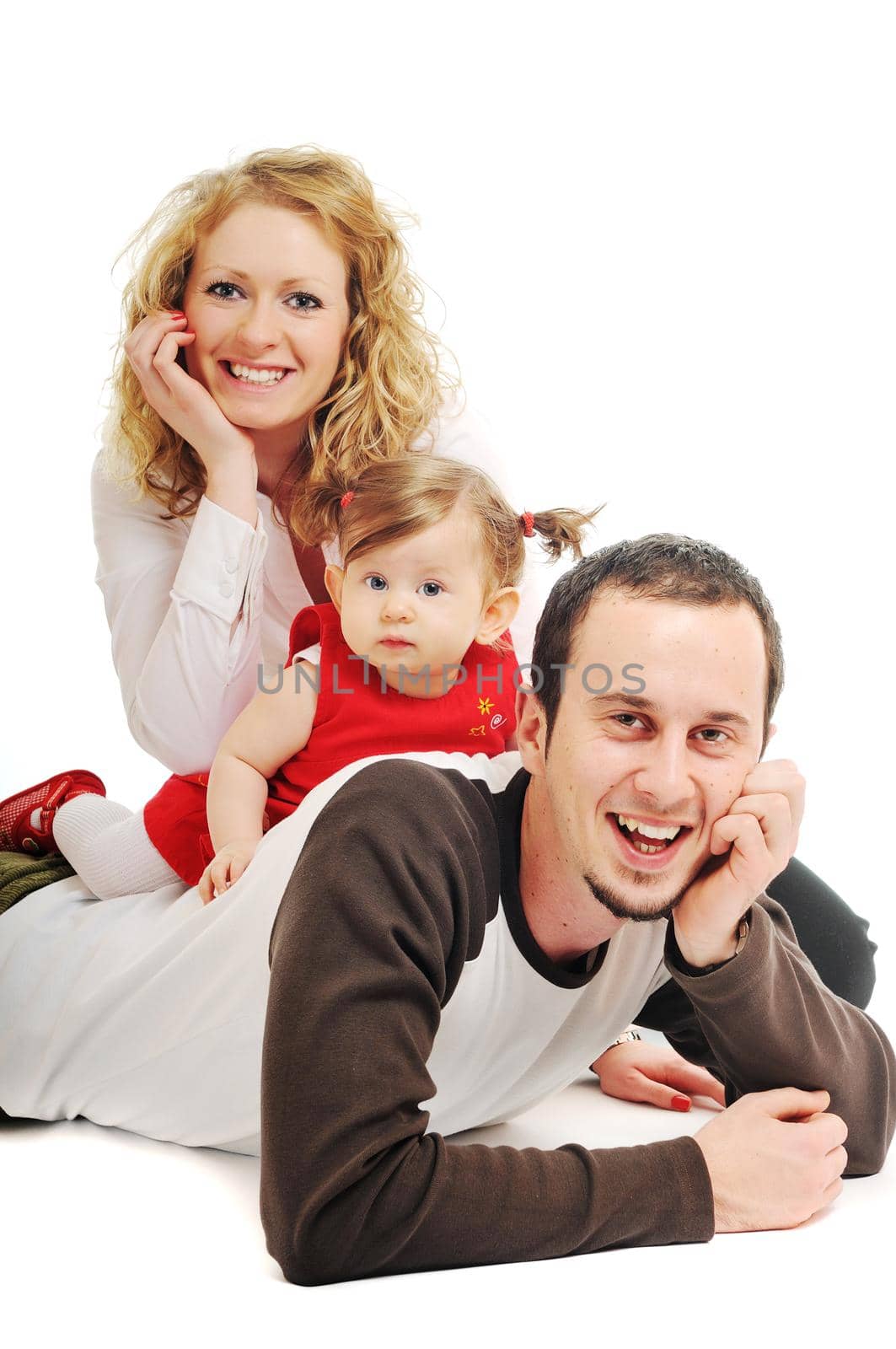 young happy family with beautiful baby playing and smile  isolated on white in studio