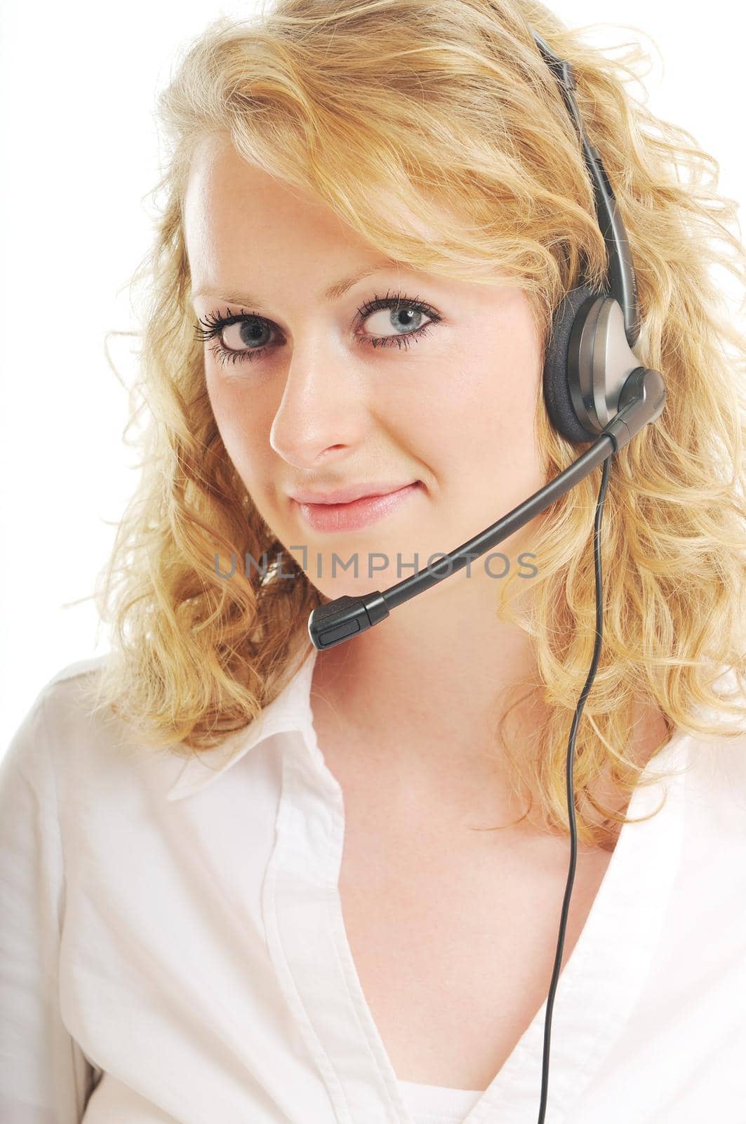 young beautiful business woman with headset phone customer solution info service