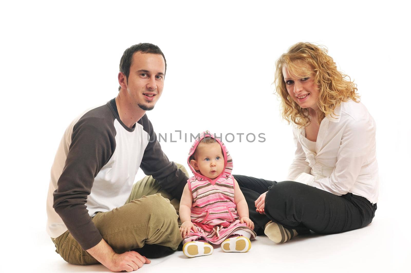 young happy family with beautiful baby isolated on white