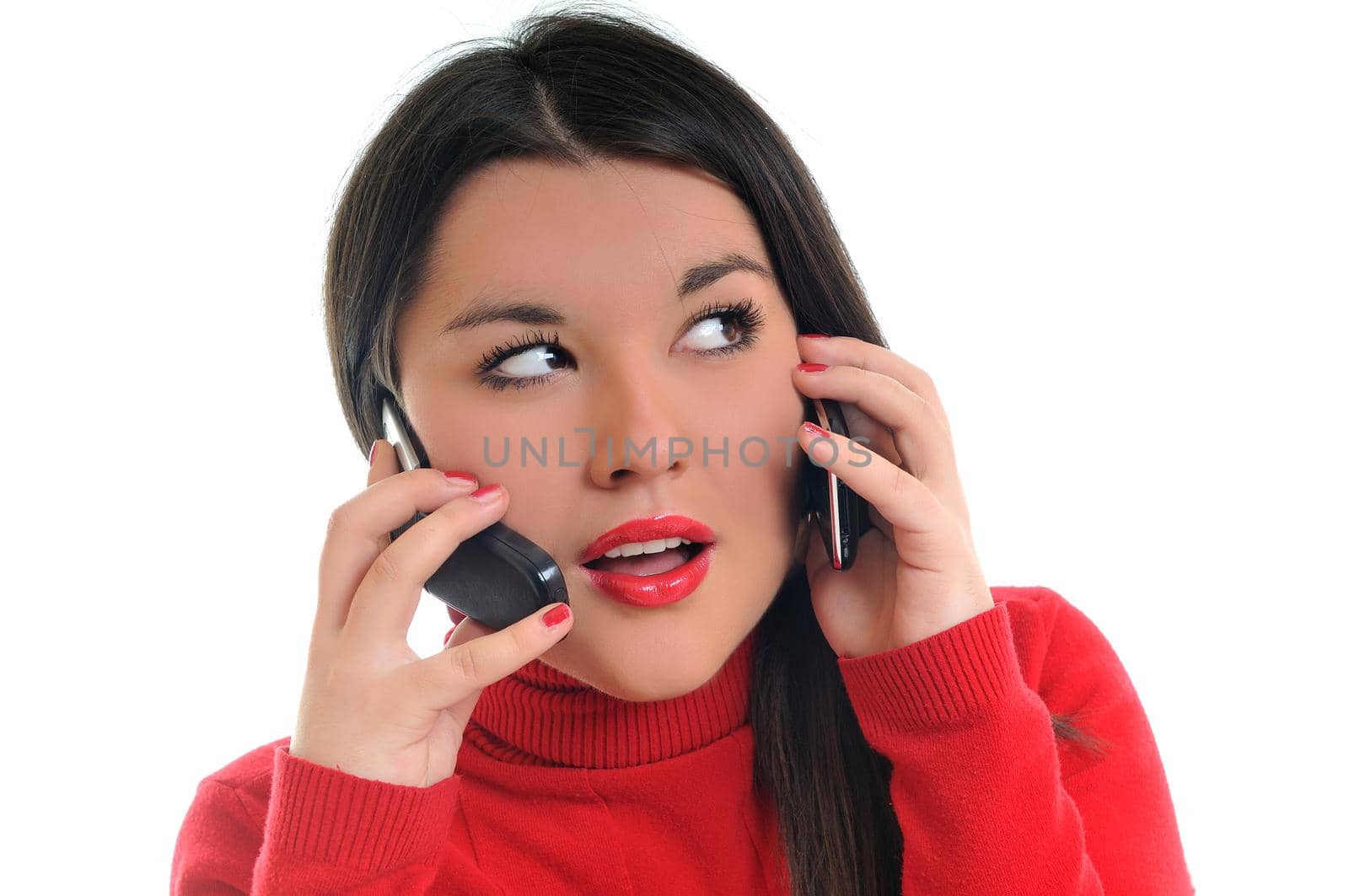 young beautiful woman in red talk on cellphone isolated