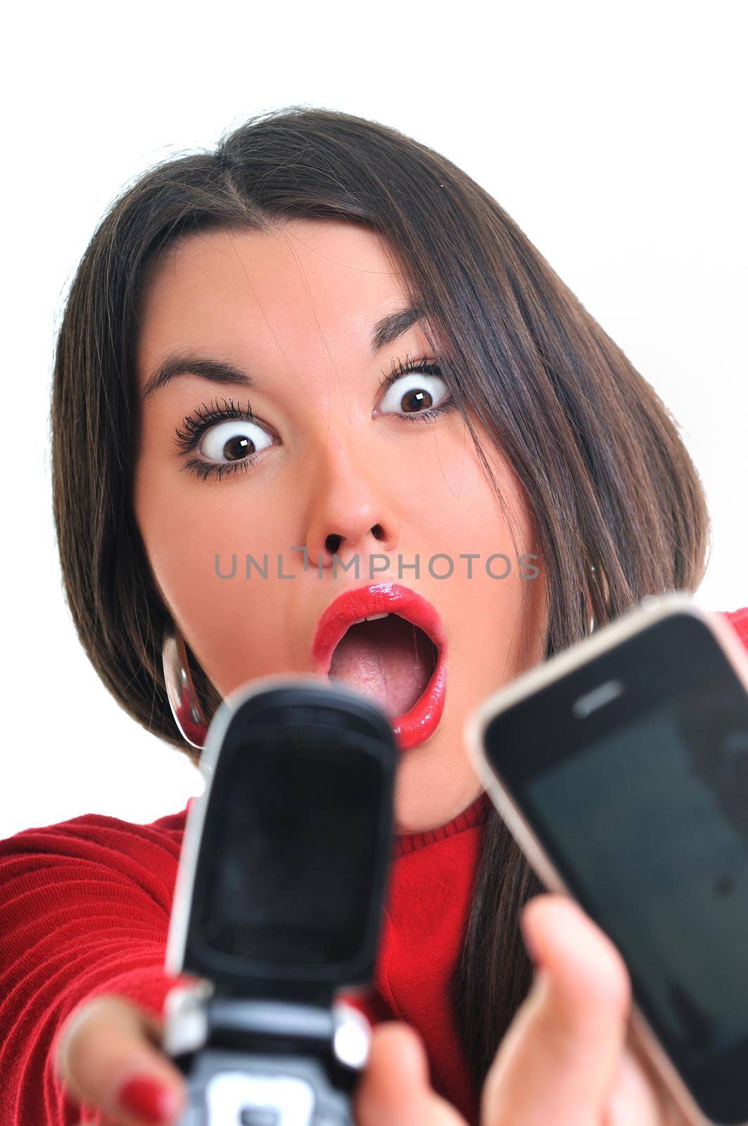 young business woman in red isolated on white talking on cell phone