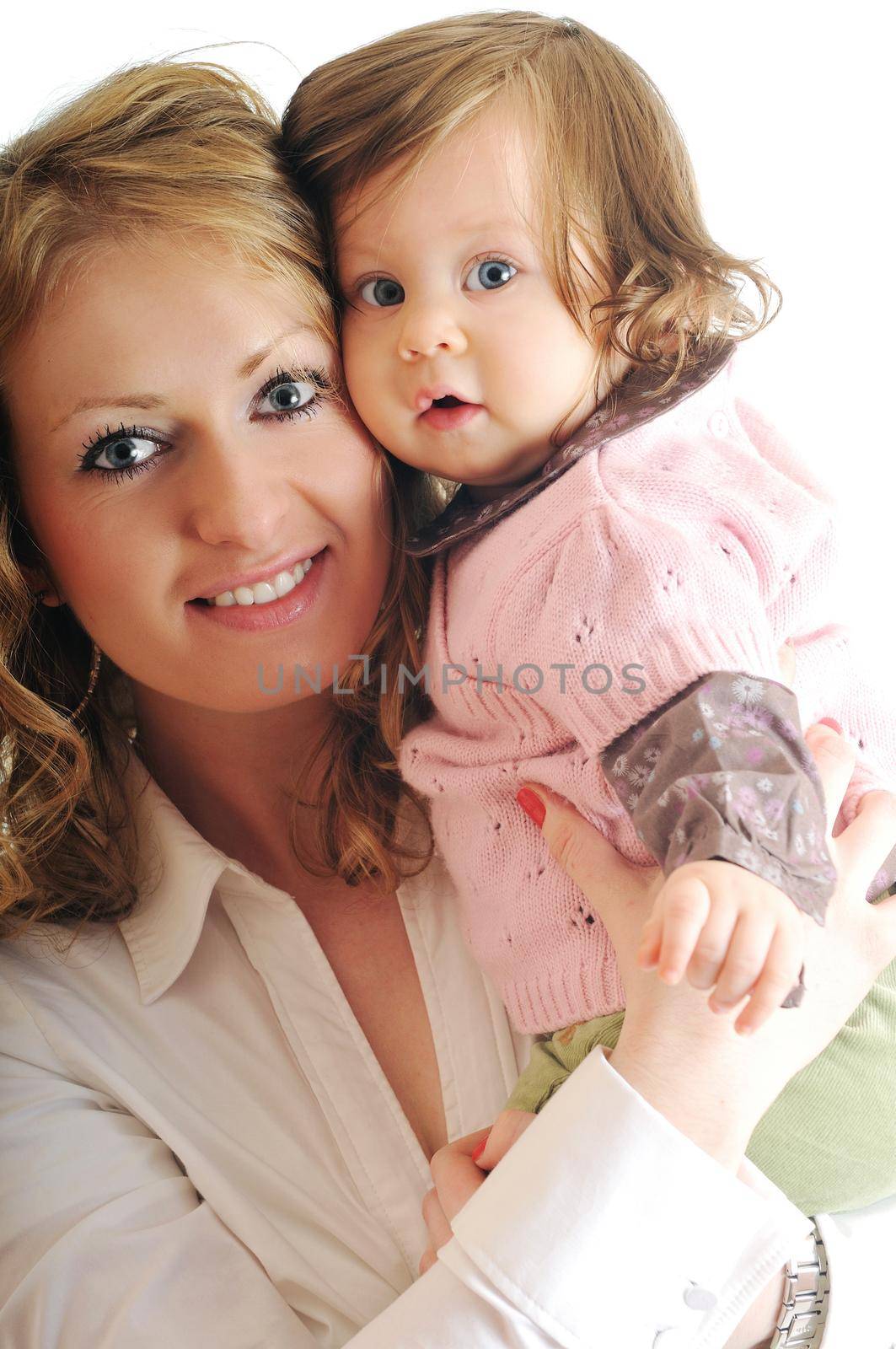 beautiful mom and baby play together isolated on white