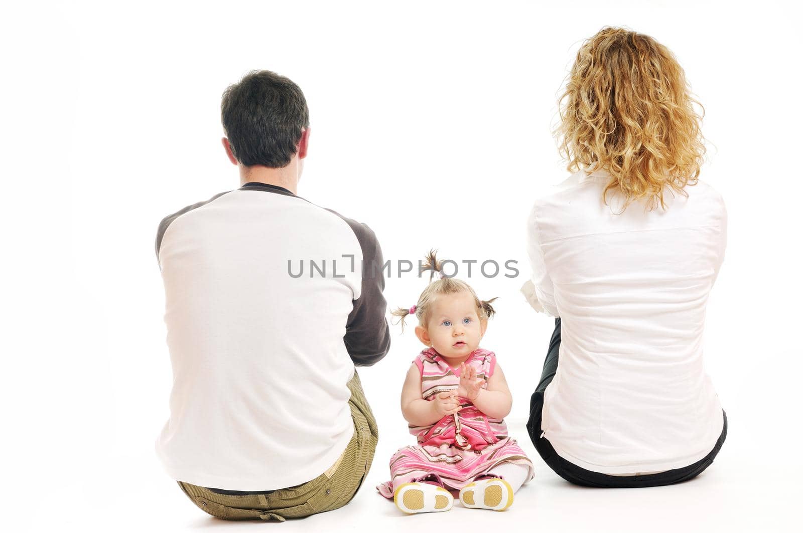 young happy family with beautiful baby playing and smile  isolated on white