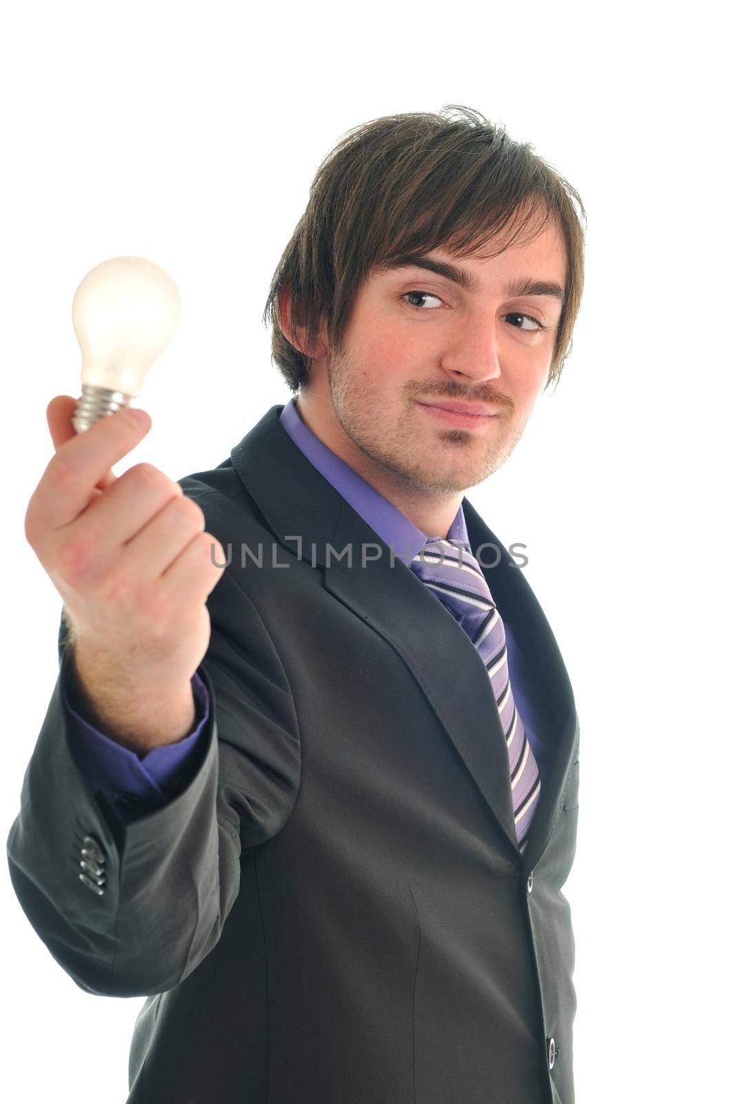 one business man isolated on white hold bul with idea and inovation concept