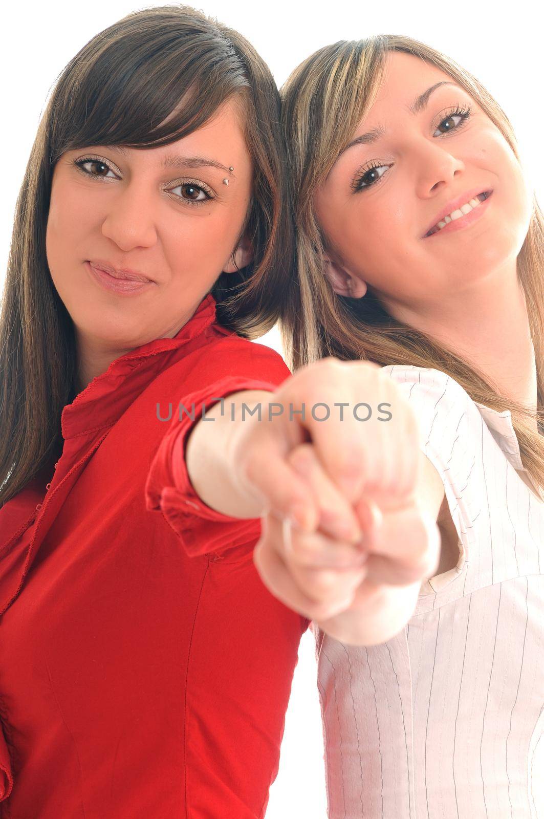 two young girl lesbian friend isolated happy on white background