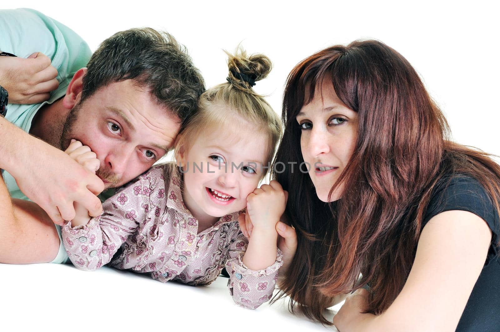 young happy family with beautiful baby playing and smile  isolated on white in studio