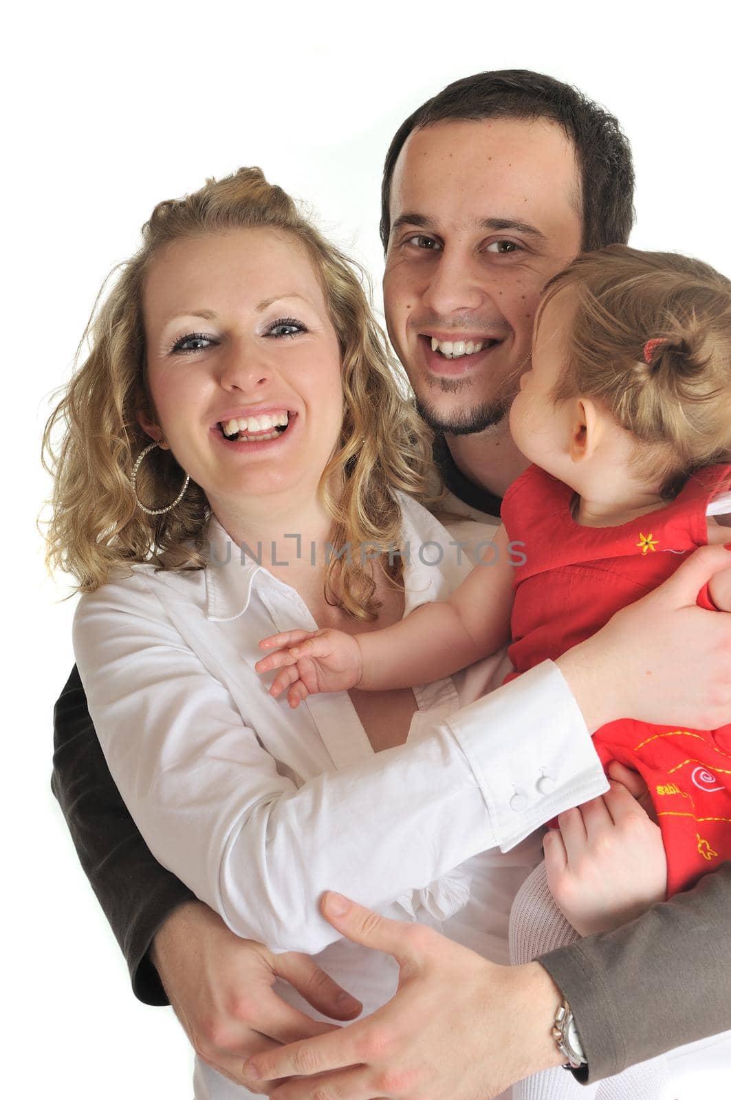 young happy family with beautiful baby playing and smile  isolated on white in studio 