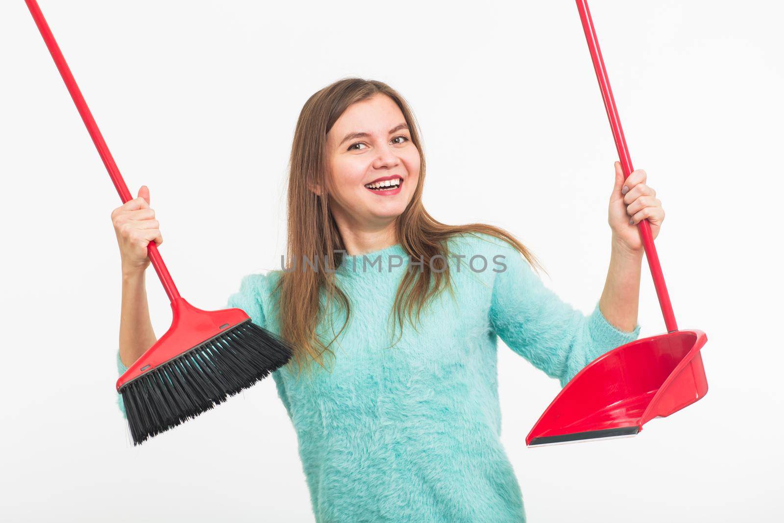 Funny Cleaning women happy excited during cleaning. isolated on white background by Satura86
