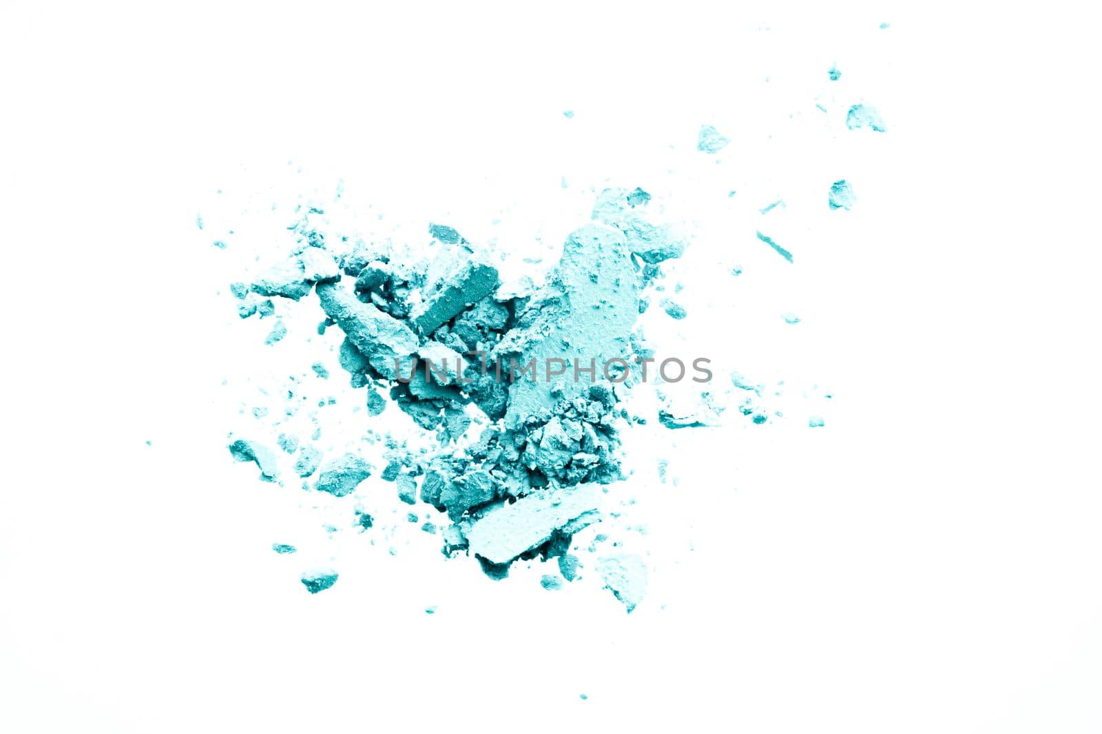 Powder cosmetics, mineral organic eyeshadow, blush or crushed cosmetic product isolated on white background, makeup and beauty banner, flatlay design.