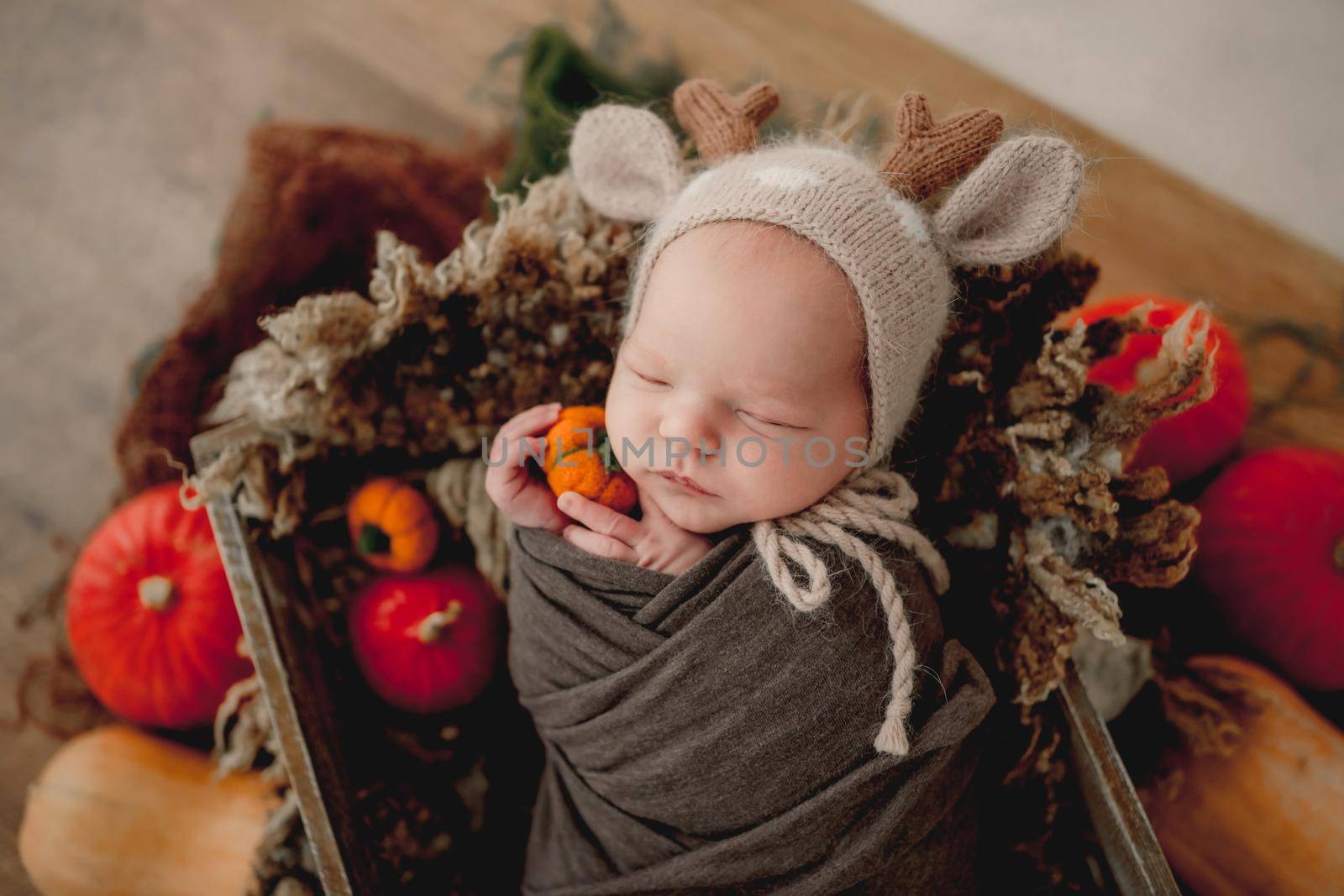 Newborn baby boy swaddled in fabric sleeping with knitted pumpkins toys. Adorable infant child kid sleeping studio halloween portrait