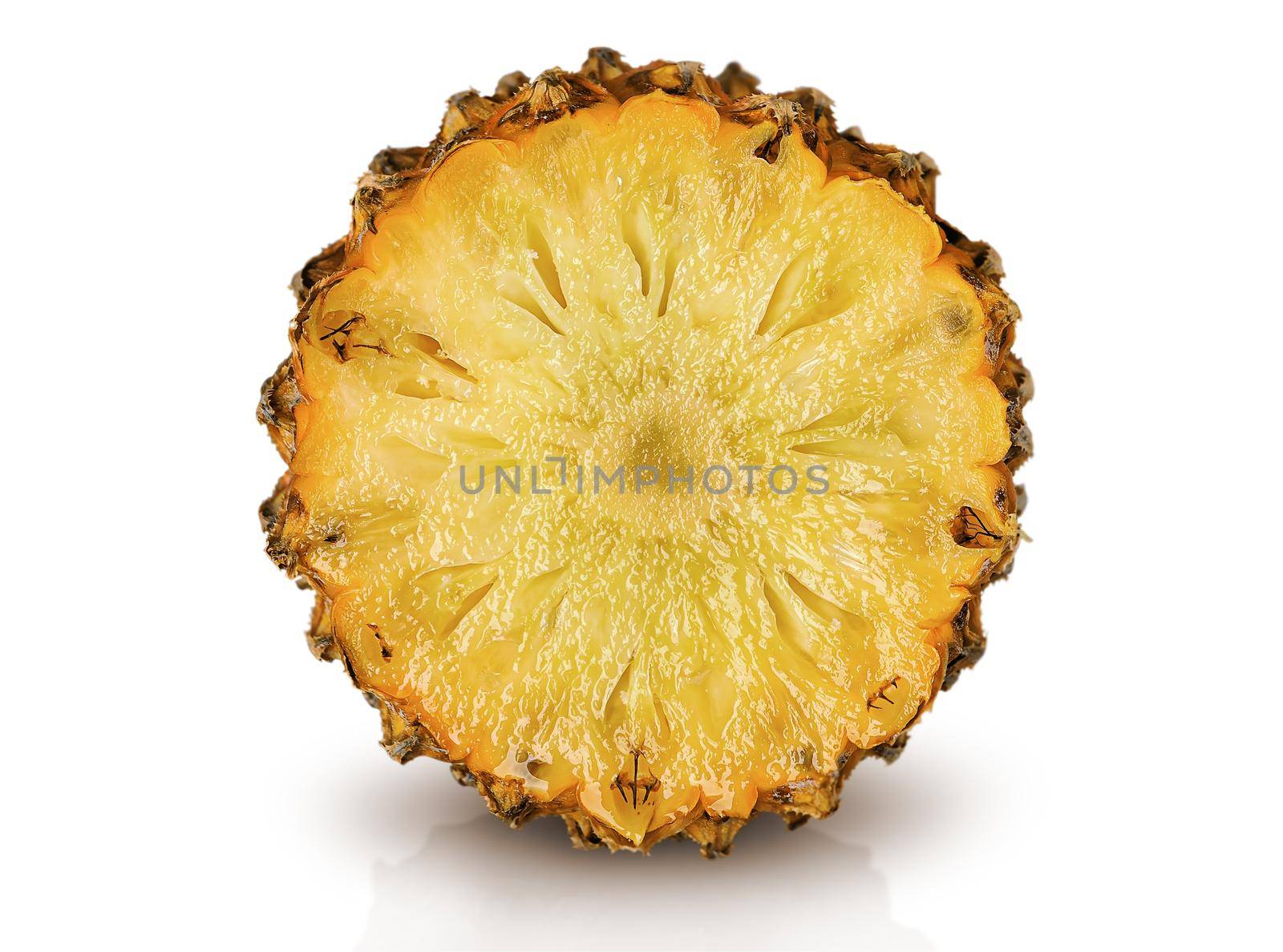 Half of pineapple slice side view isolated on white background