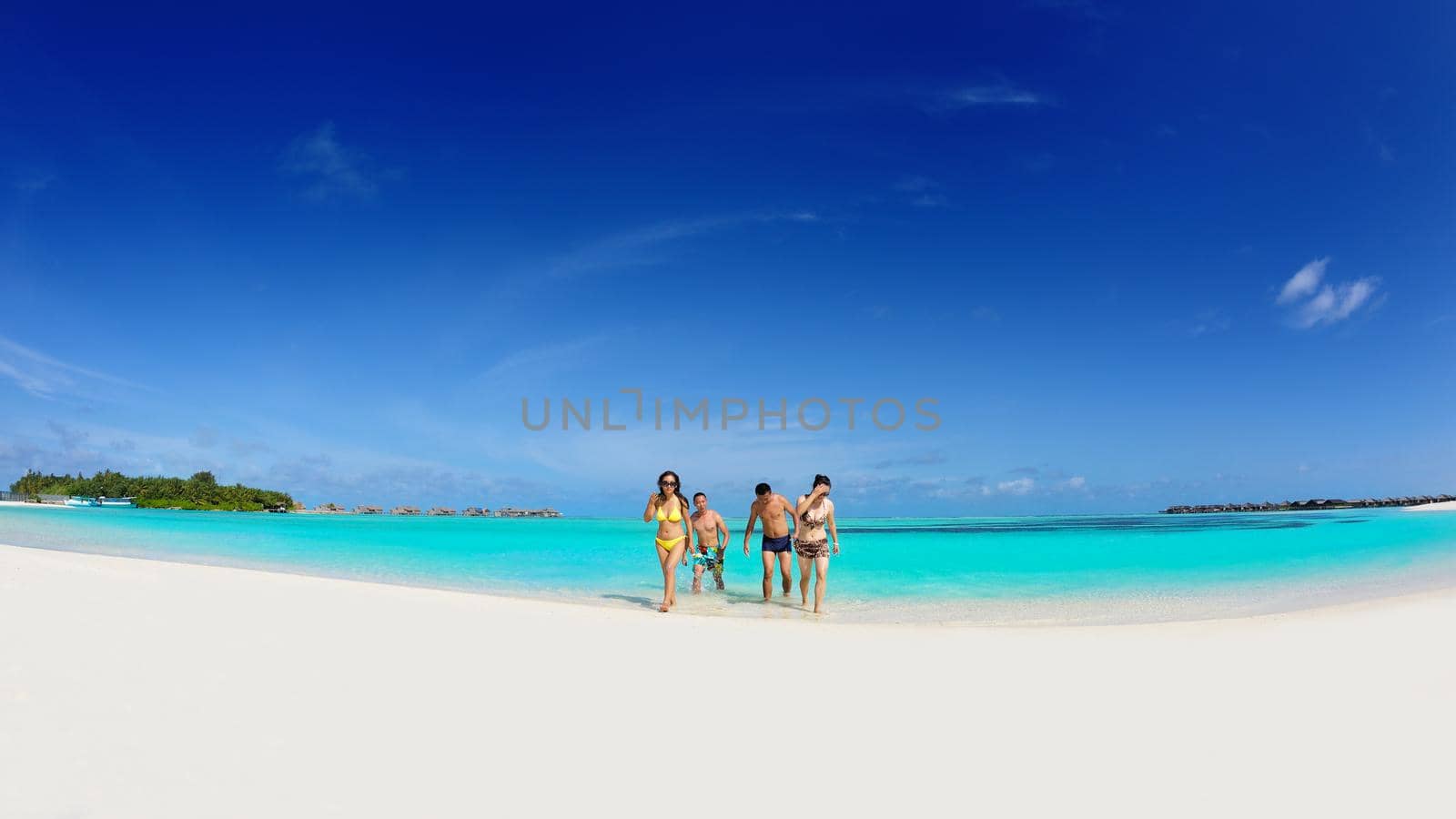 group of happy young people have fun and joy at the  white sand  beach on beautiful summer  day